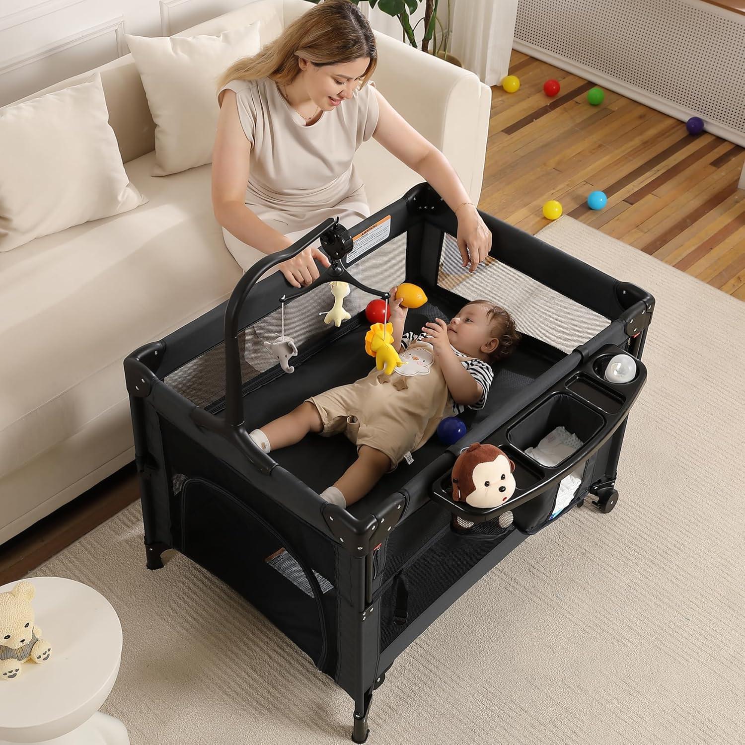 Cuna de Viaje Portátil Jekeu 5 en 1 Negra - Parque Infantil Plegable