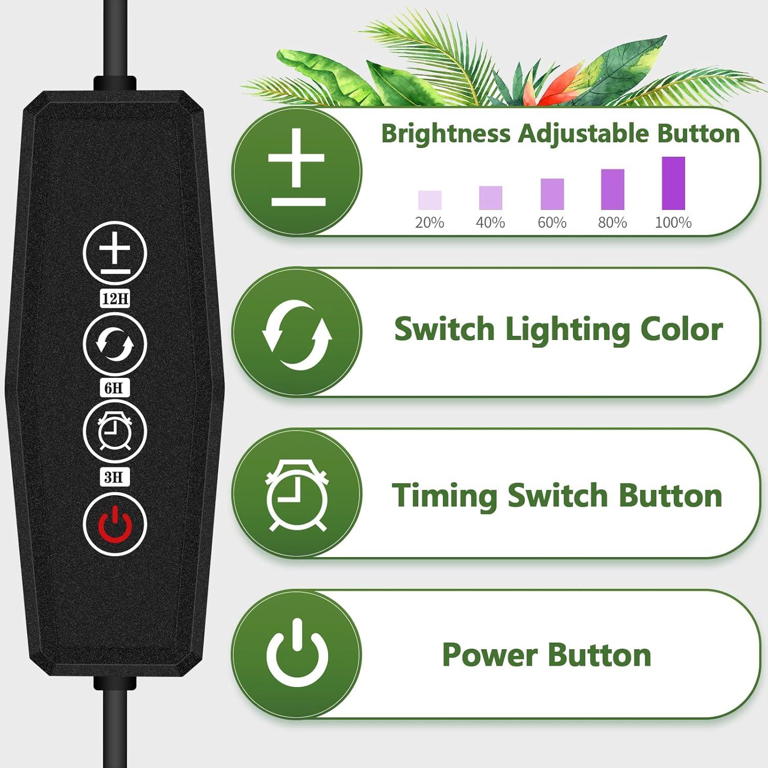 Luz de Cultivo LED Zyzykeji 3 Cabezas Espectro Completo 10 Niveles