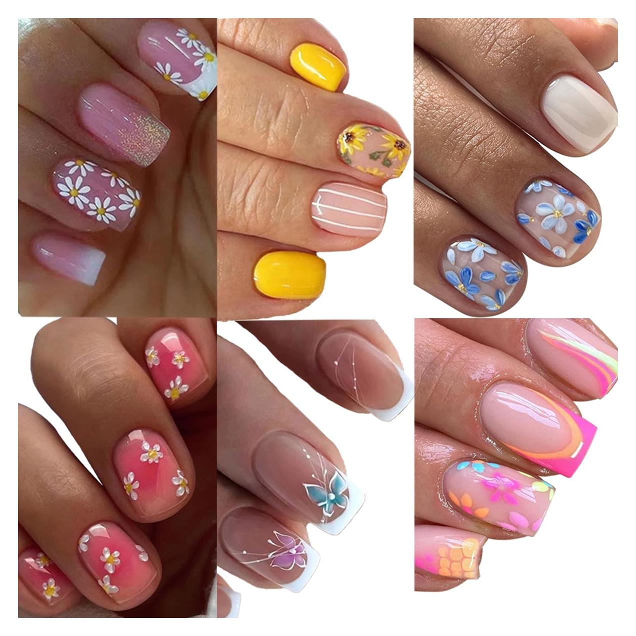 6 Paquetes Uñas Postizas Florales Cortas 144 Pcs GUFUGU