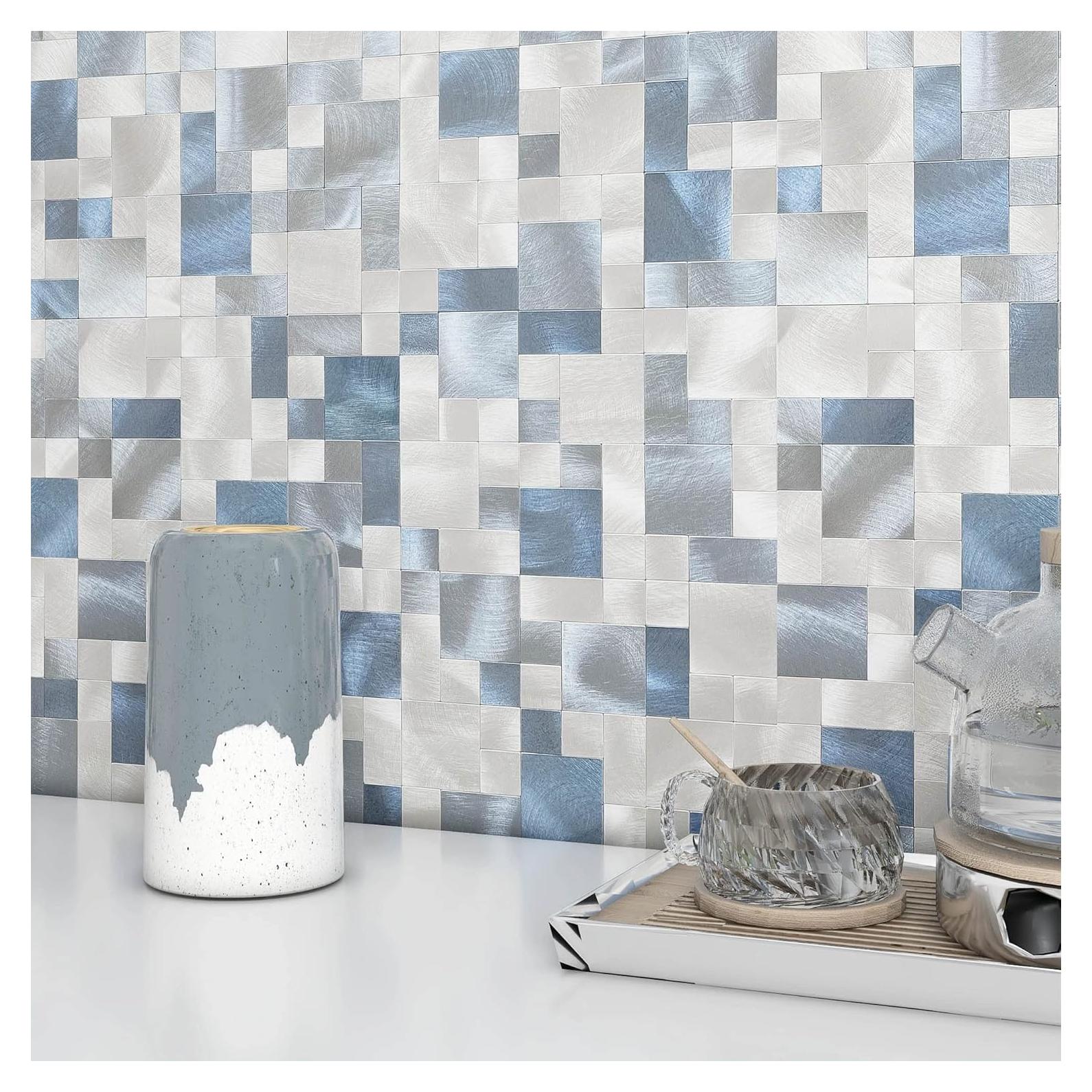 Azulejos Autoadhesivos BeNice 5 Piezas Azul Mosaico Metálico