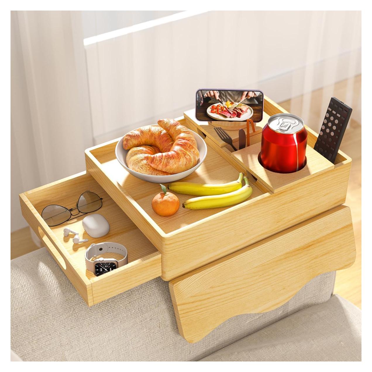 Bandeja de Brazo para Sofá 7 en 1 Sujeta Tazas Madera Pino