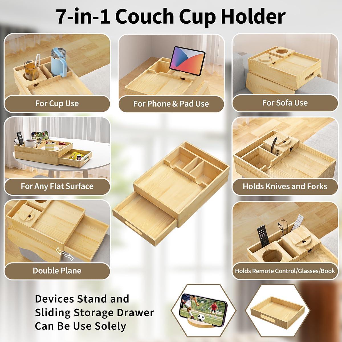 Bandeja de Brazo para Sofá 7 en 1 Sujeta Tazas Madera Pino