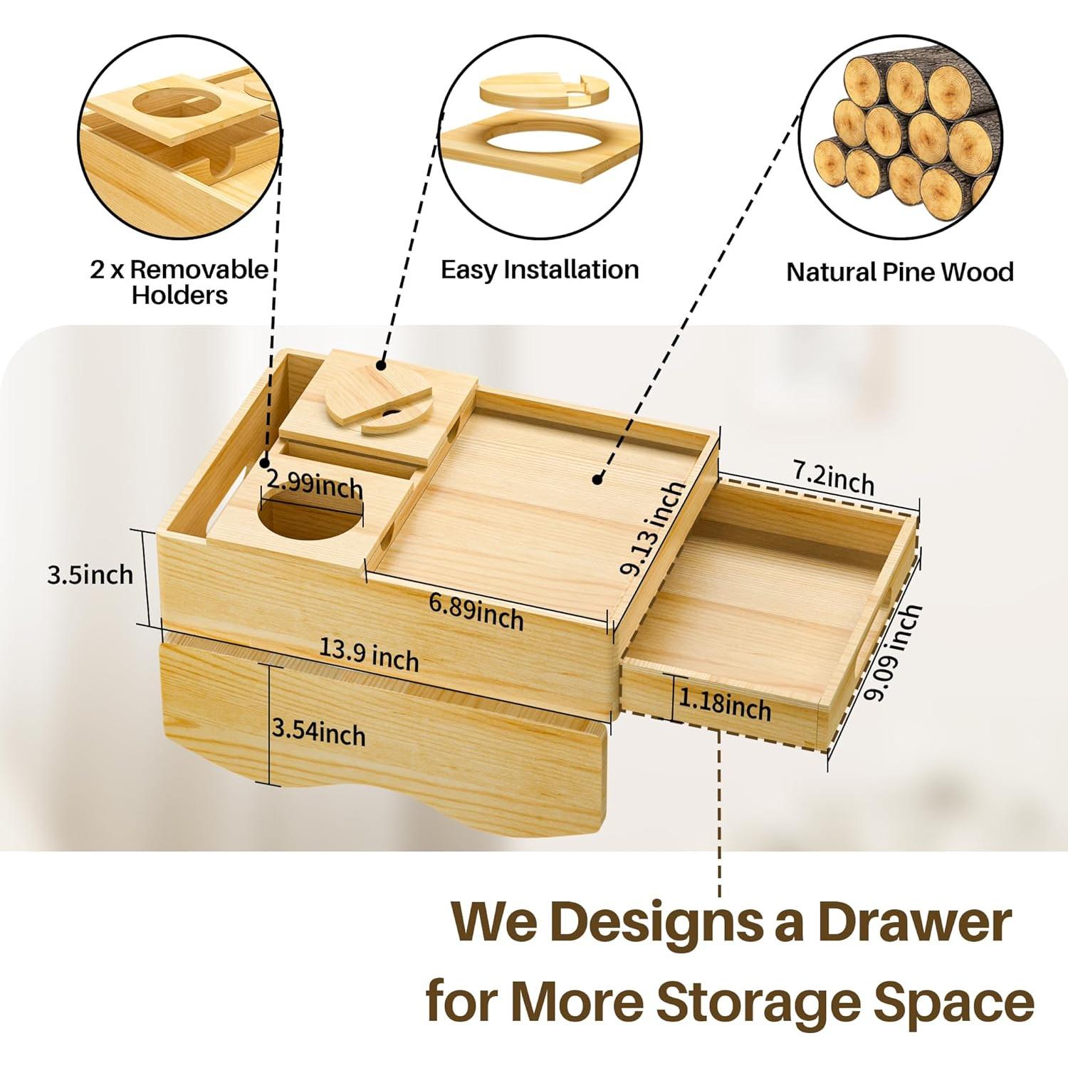 Bandeja de Brazo para Sofá 7 en 1 Sujeta Tazas Madera Pino