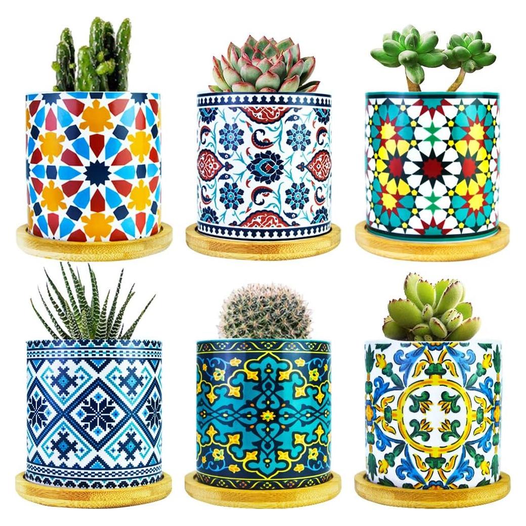 Paquete de 6 macetas de cerámica Mandala Ascrafter con bandejas