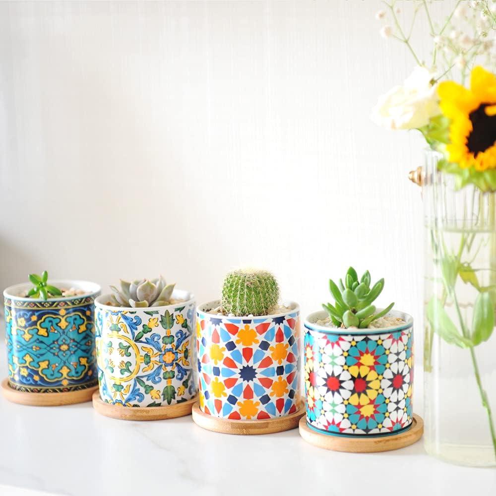 Paquete de 6 macetas de cerámica Mandala Ascrafter con bandejas