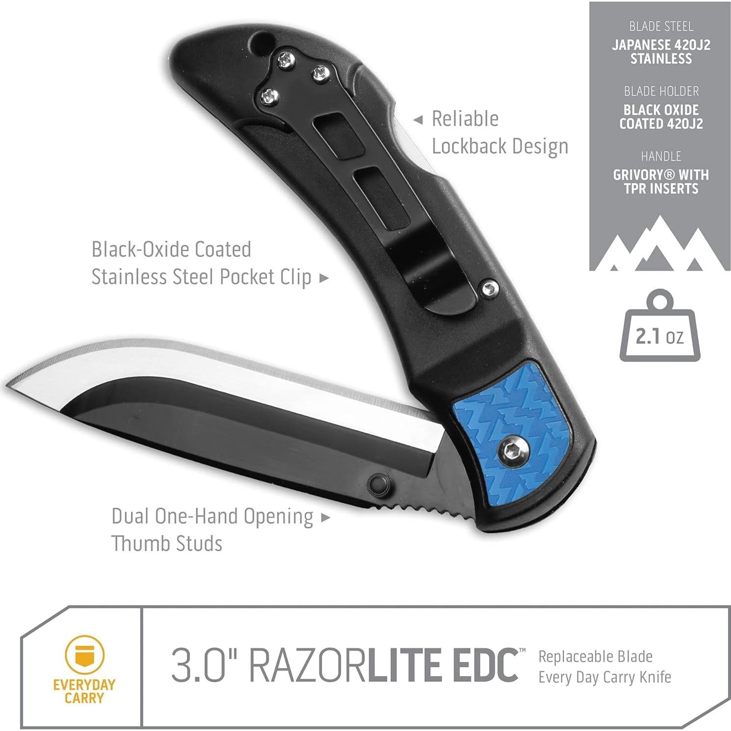 Cuchillo Plegable Outdoor Edge RazorLite EDC 7.6 cm Azul