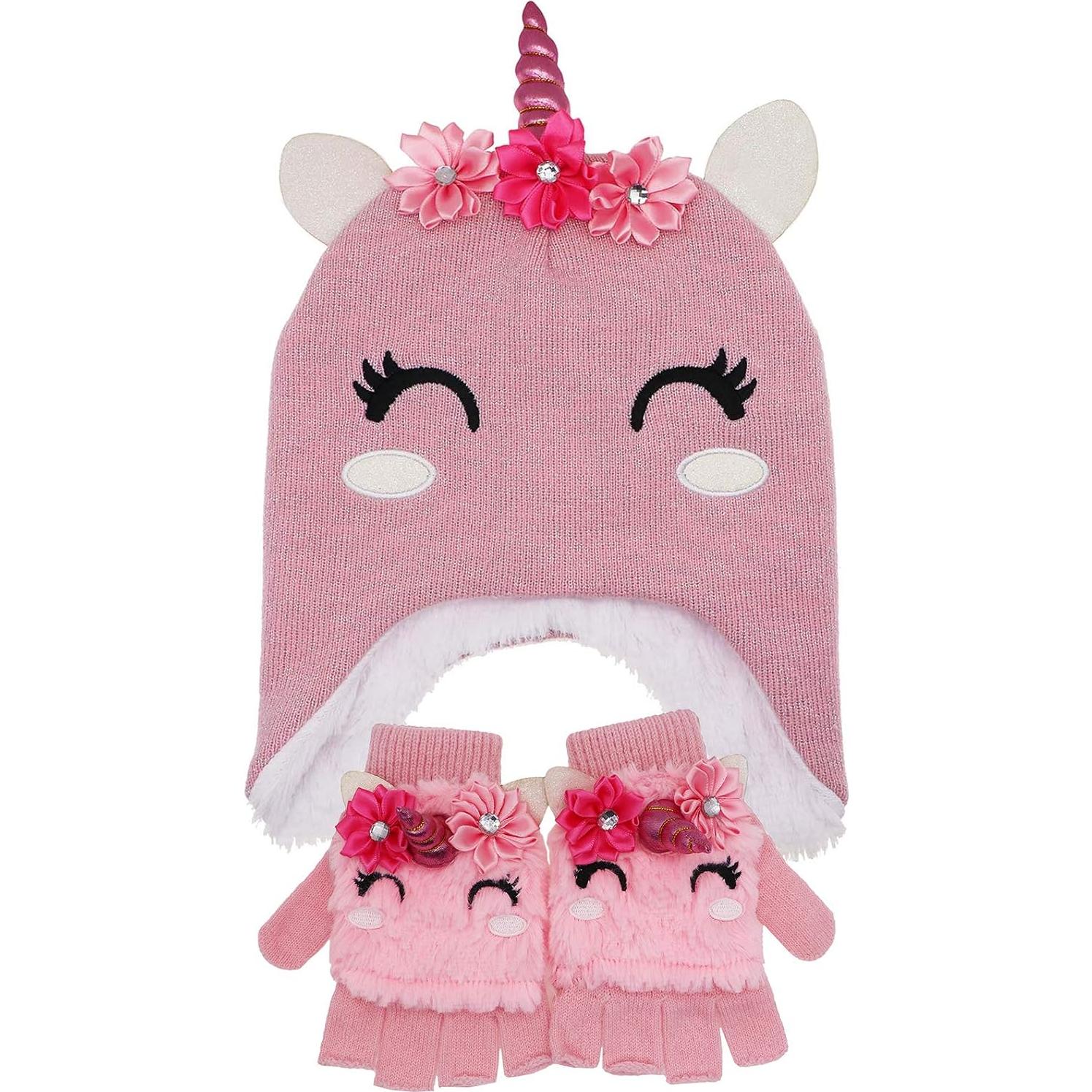 Conjunto de gorro y guantes unicornio para niñas 3-9 años