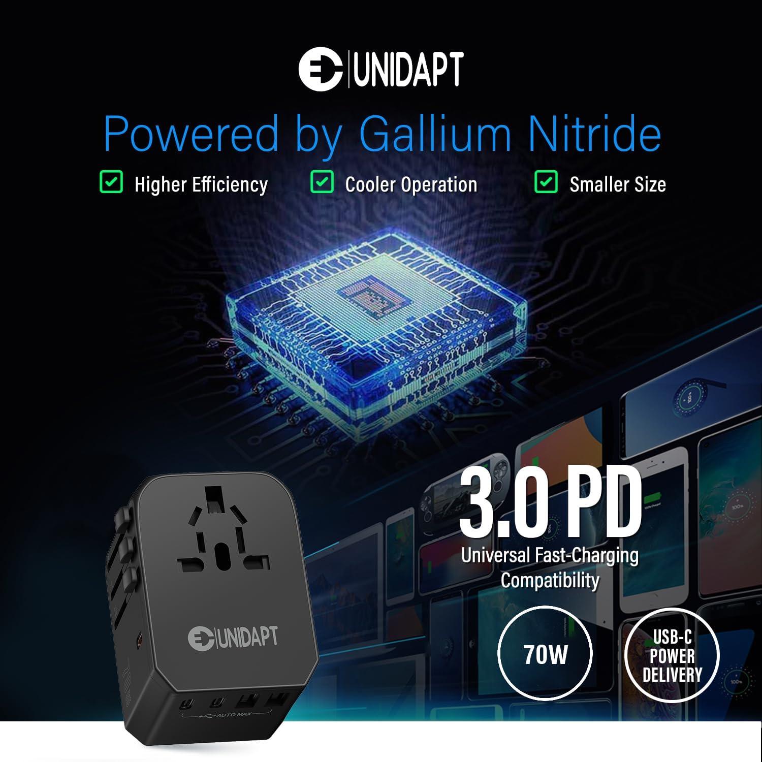 Adaptador de Viaje Universal Unidapt 70W con 5 Puertos USB