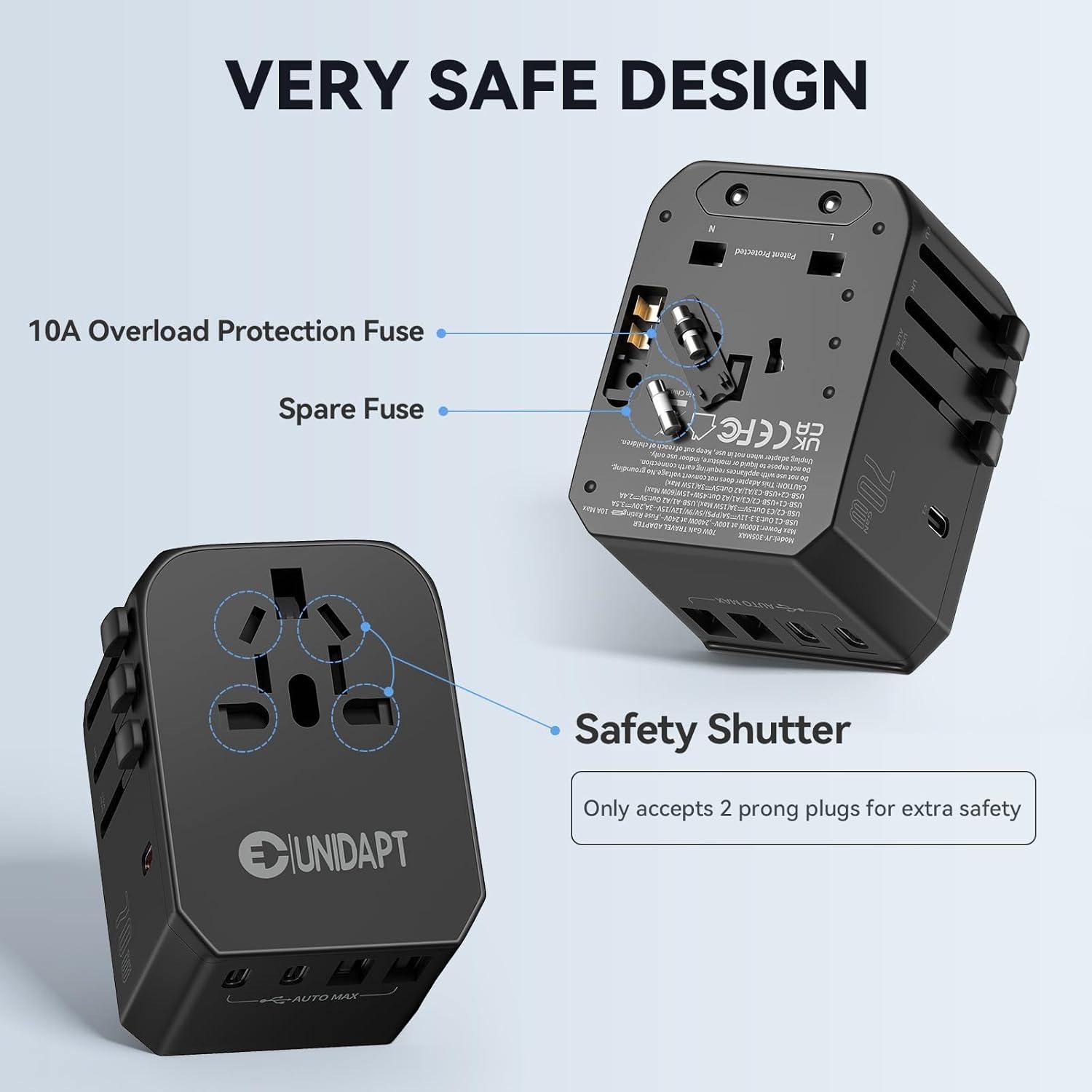 Adaptador de Viaje Universal Unidapt 70W con 5 Puertos USB