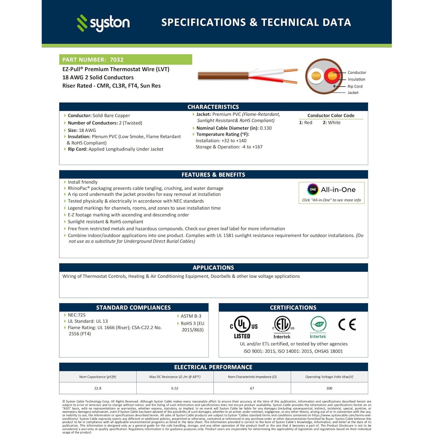 Cable de Termostato Syston 18 AWG 2 Hilos 3.05 m Resistente UV