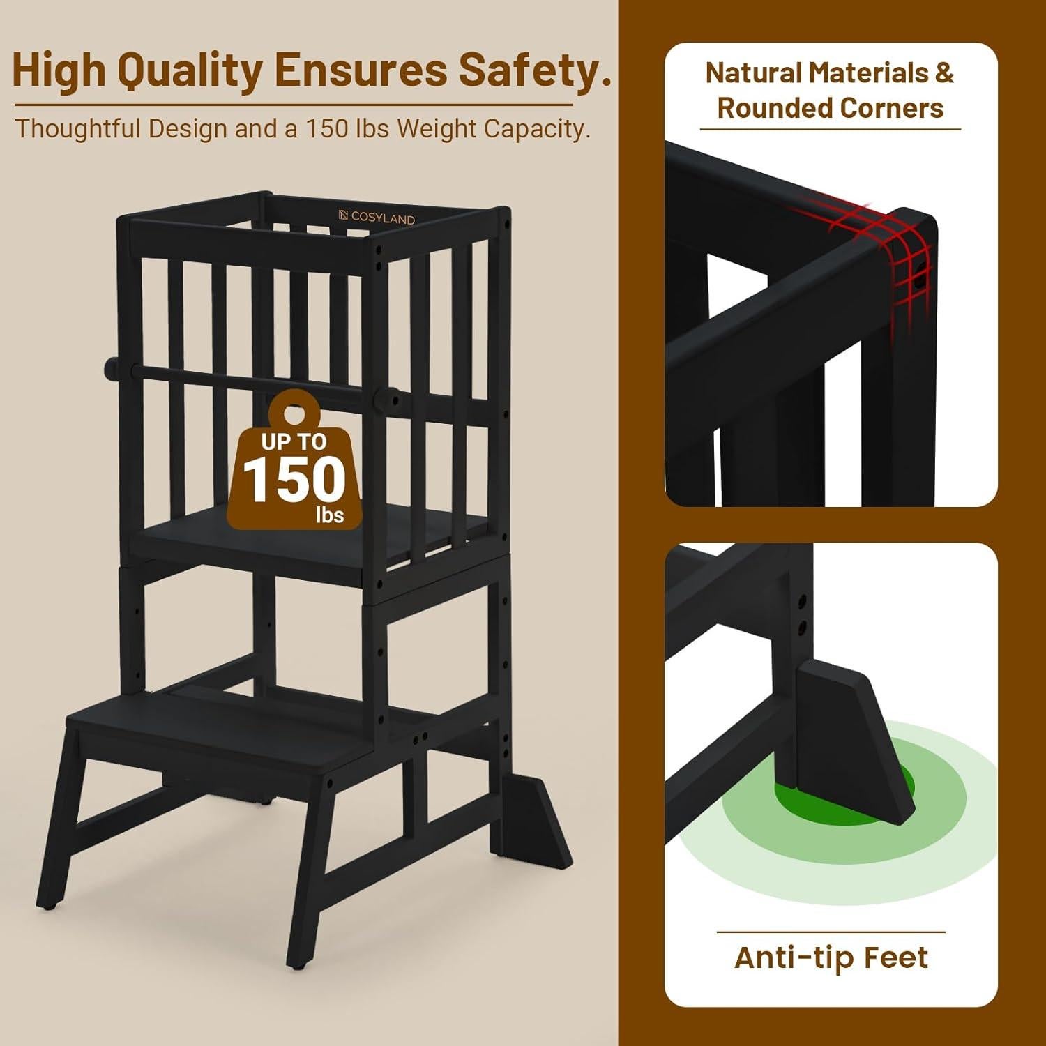 Torre de Aprendizaje Cosyland Ajustable para Niños - Taburete de Cocina con Barandilla Desmontable