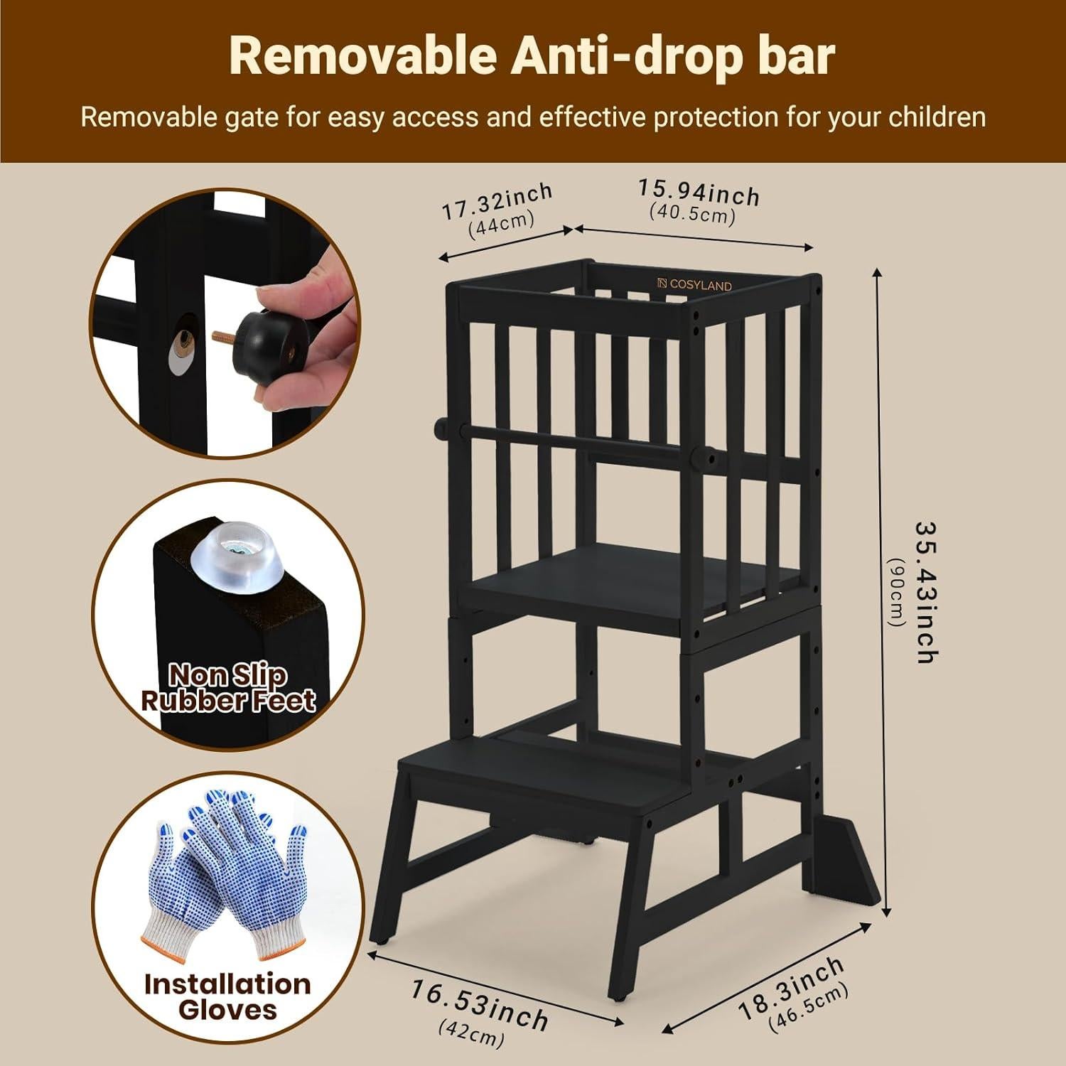 Torre de Aprendizaje Cosyland Ajustable para Niños - Taburete de Cocina con Barandilla Desmontable