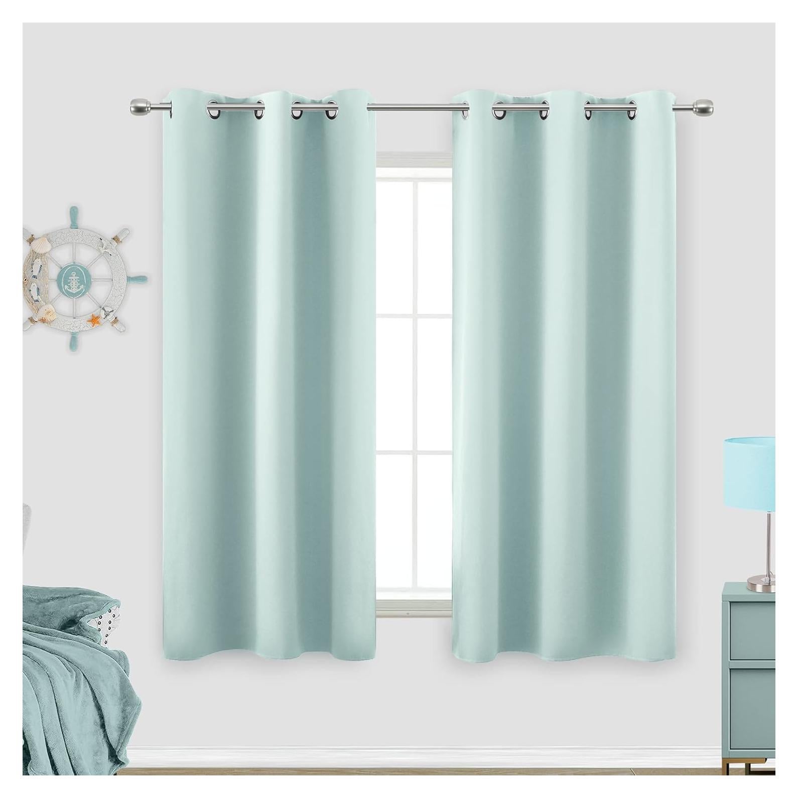KOUFALL Aqua Bathroom Curtains Window,Set 2 Panels Coastal Decor Short Blackout Small Window Curtains for Kitchen Door Window,45 Inch Length,Mint Green