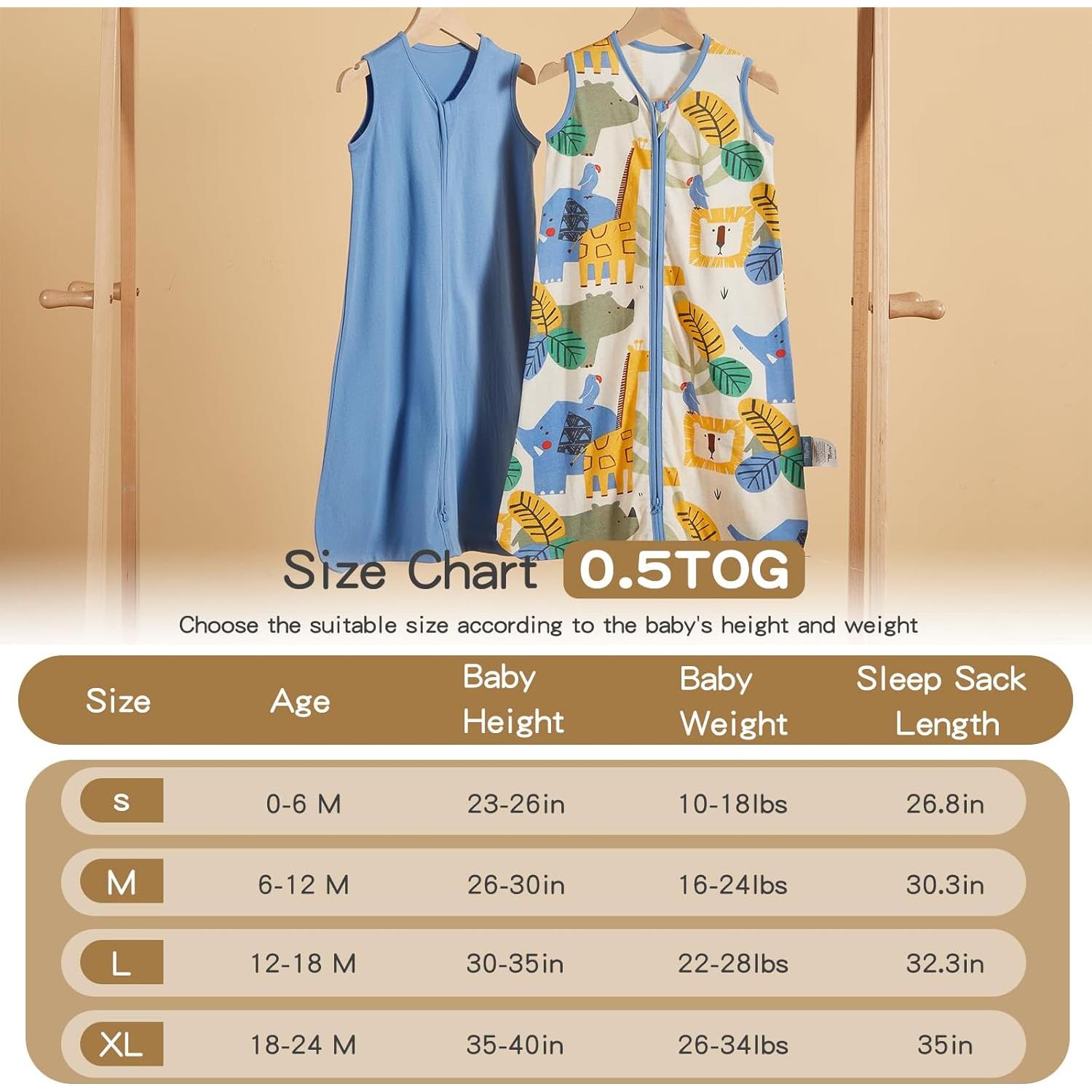 Saco de Sueño TILLYOU 2 Pack Bebés 0-6 Meses Algodón 0.5 TOG