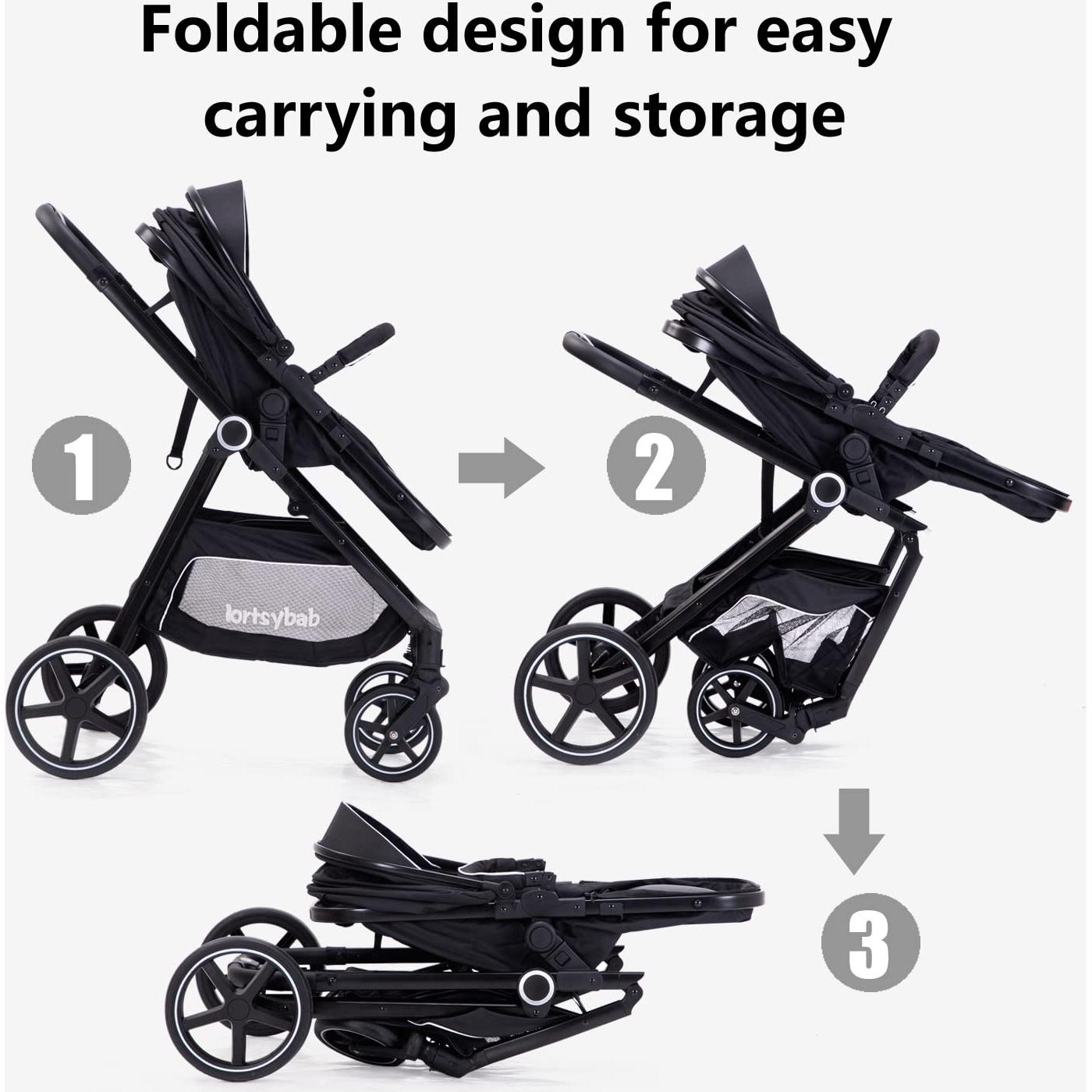 Carrito de bebé 2 en 1 LORTSYBAB Negro - Cochecito Plegable