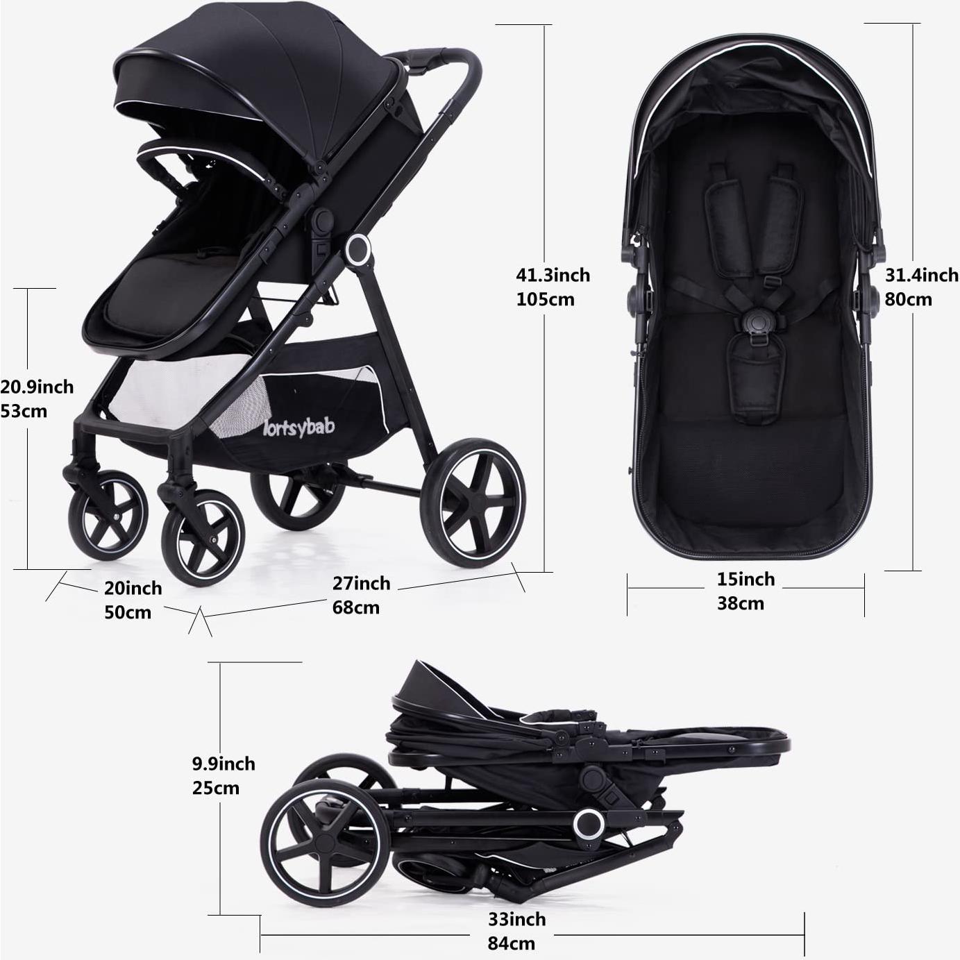 Carrito de bebé 2 en 1 LORTSYBAB Negro - Cochecito Plegable