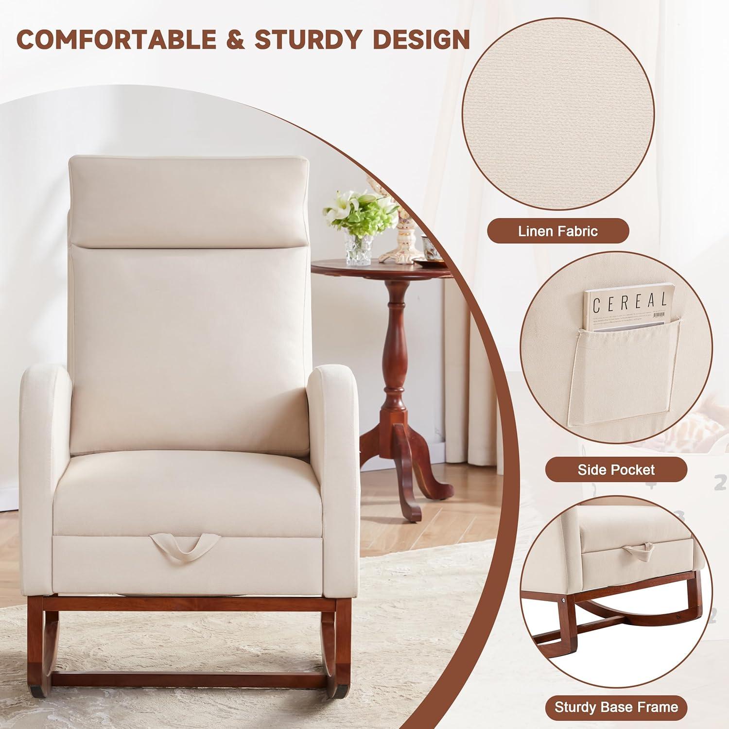 Silla Mecedora AYEASY Beige Lino con Reposapiés Ajustable