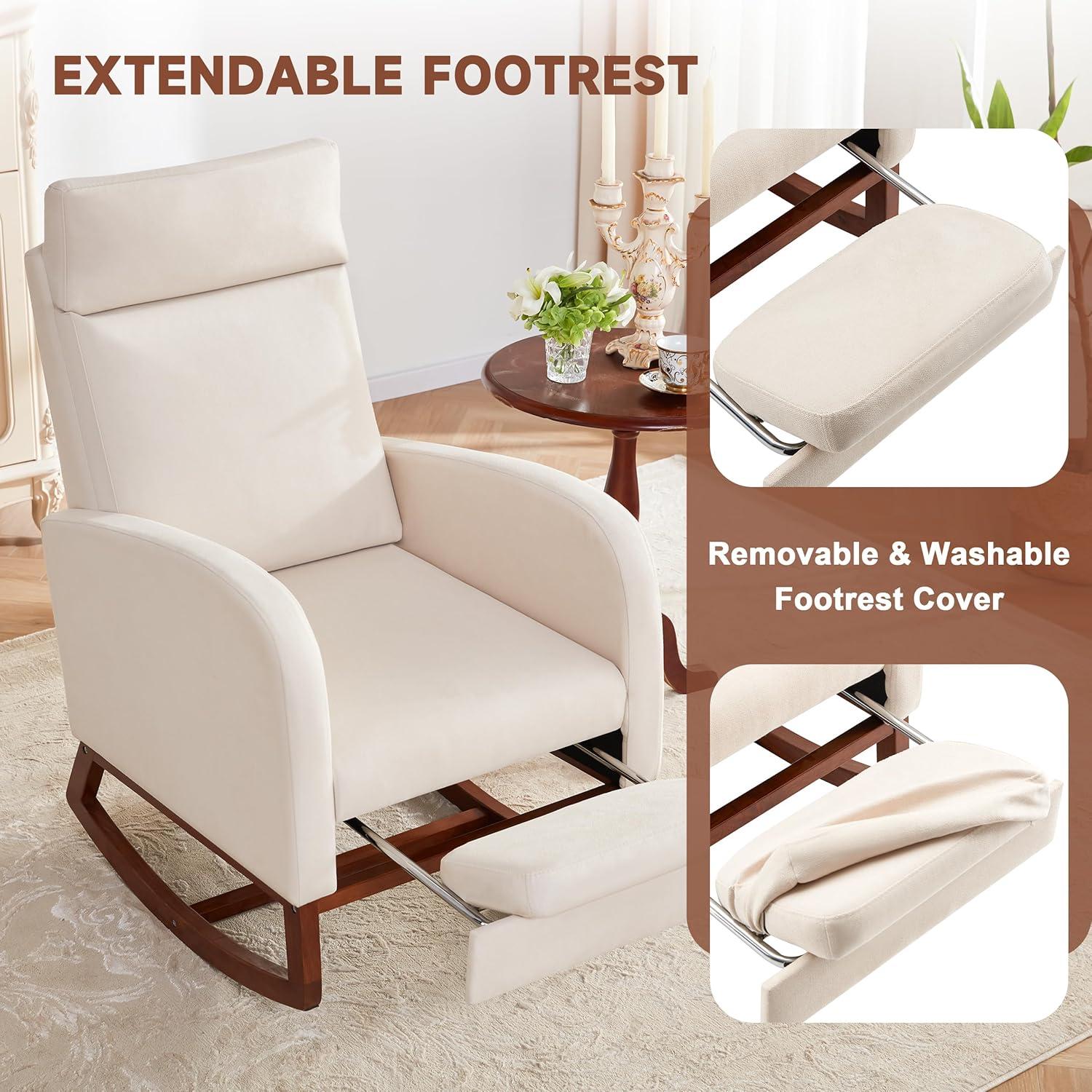 Silla Mecedora AYEASY Beige Lino con Reposapiés Ajustable