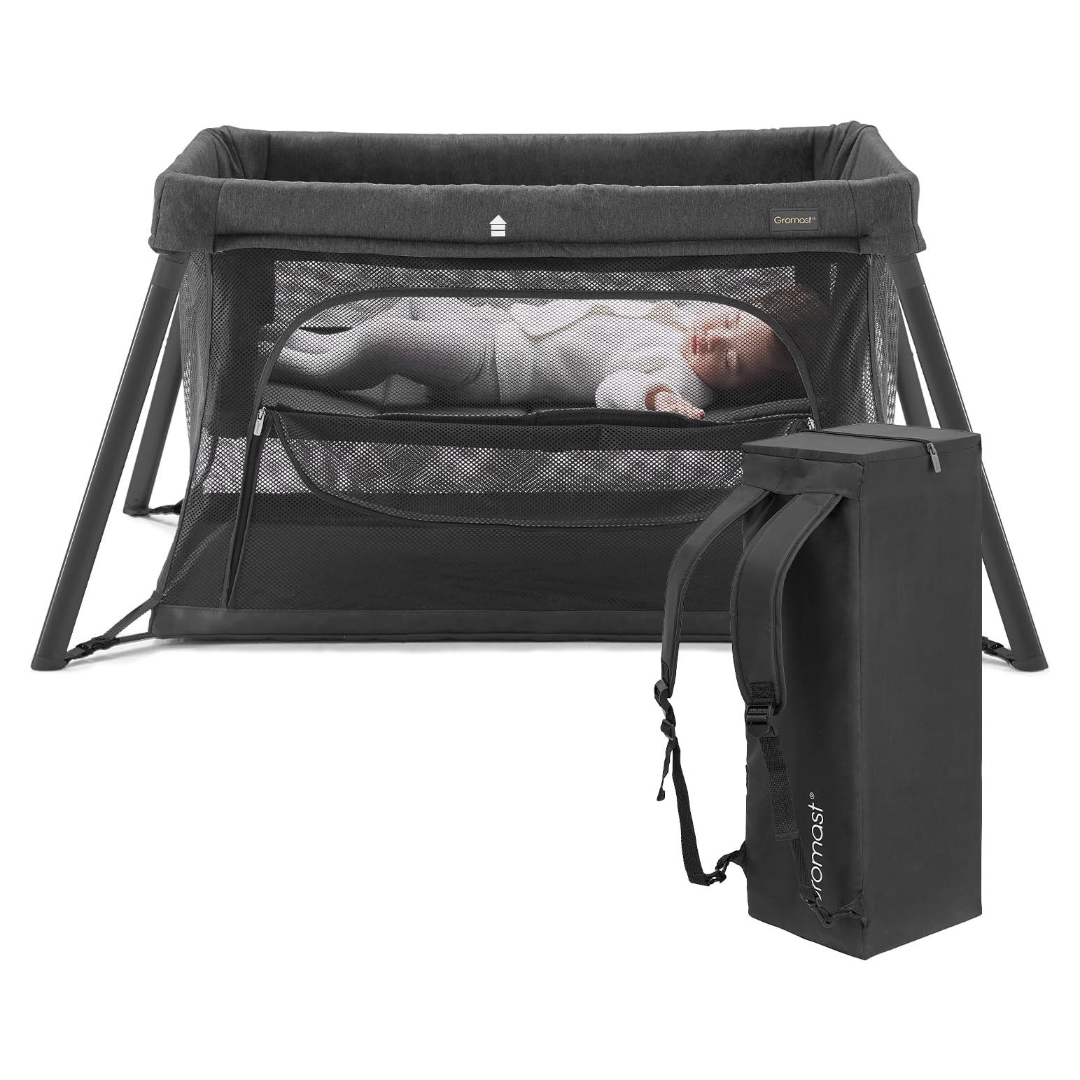 Cuna de viaje portátil 2 en 1 Gromast - Colchón suave, Negro