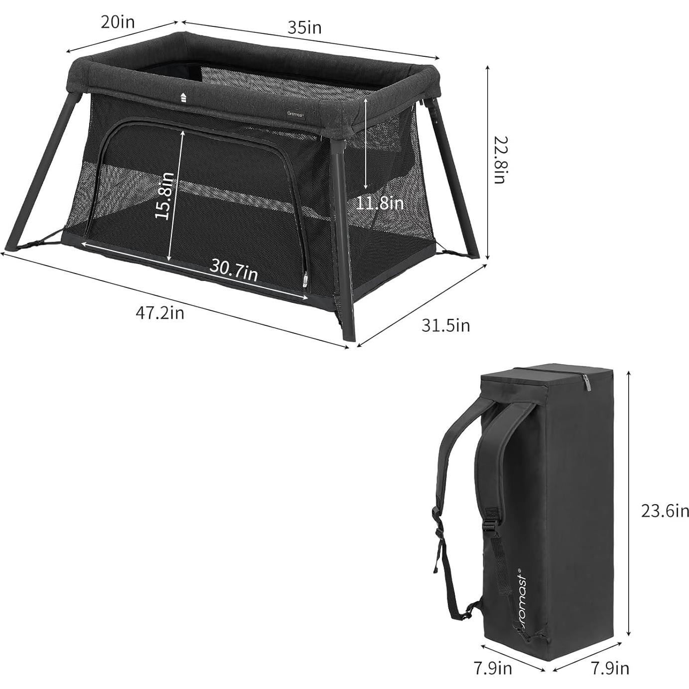 Cuna de viaje portátil 2 en 1 Gromast - Colchón suave, Negro