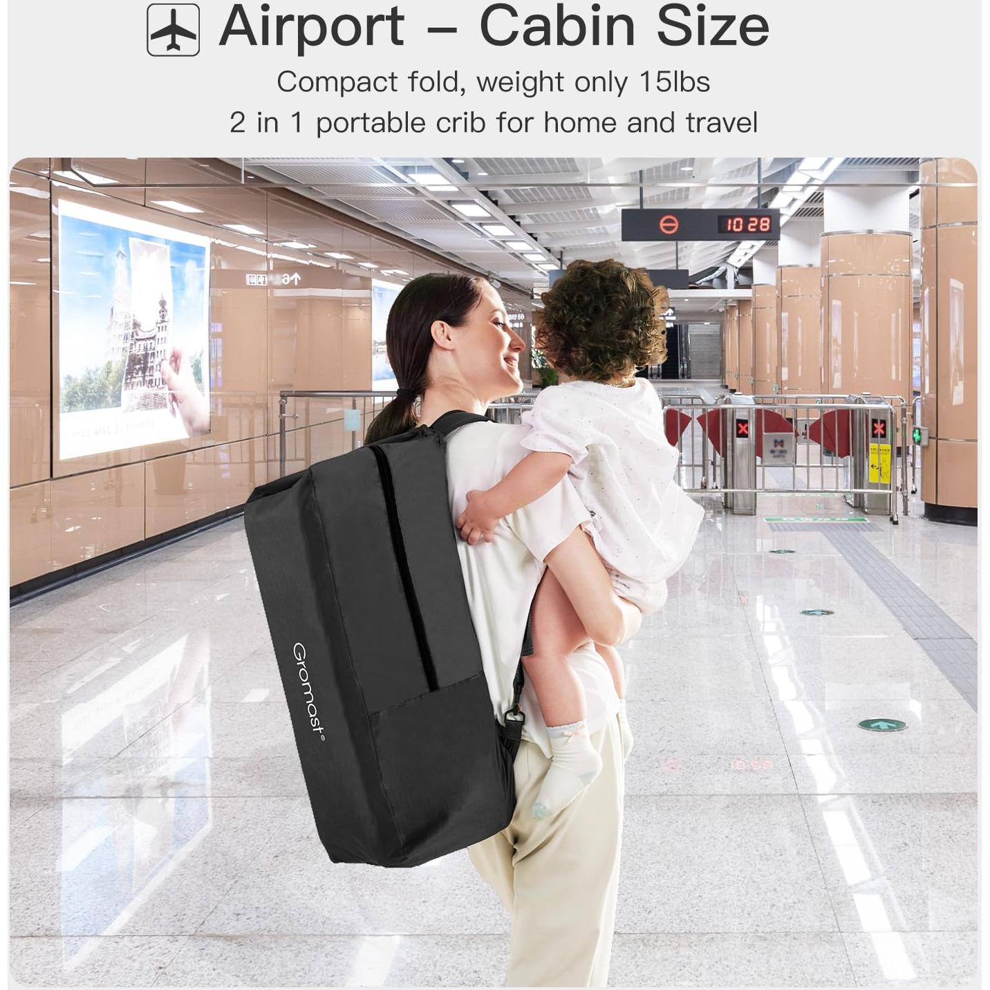 Cuna de viaje portátil 2 en 1 Gromast - Colchón suave, Negro