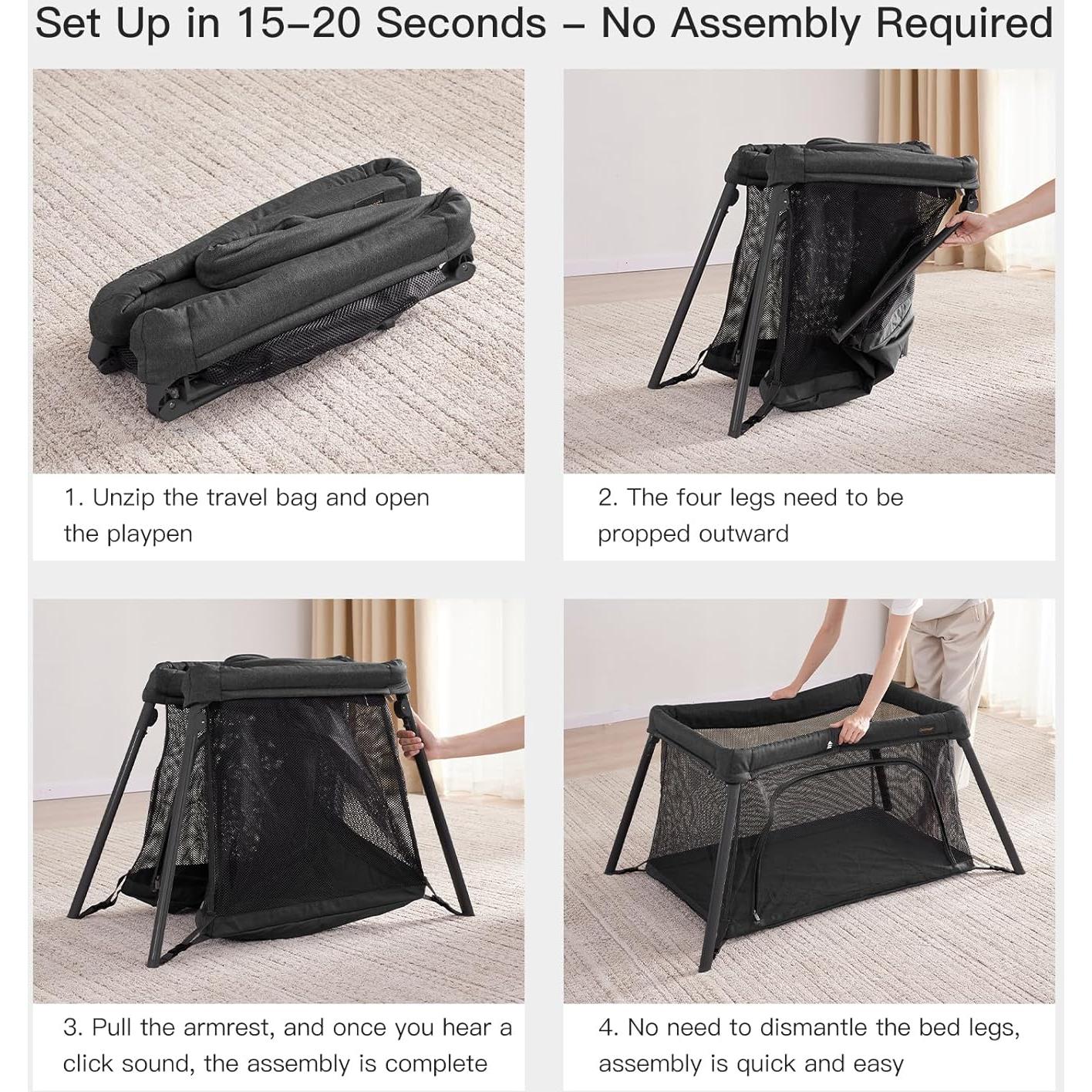 Cuna de viaje portátil 2 en 1 Gromast - Colchón suave, Negro