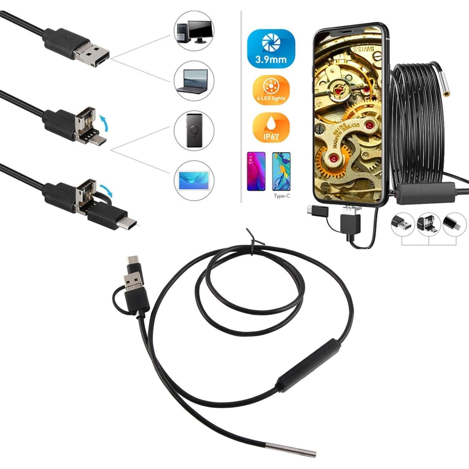 Cámara Endoscópica USB FTVOGUE IP67 5m 1280x720 6 LED