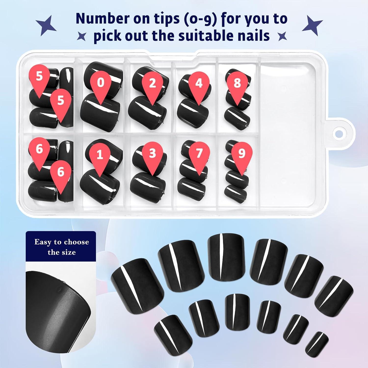 120 Uñas Postizas Cortas Negras Bellelfin con Adhesivo