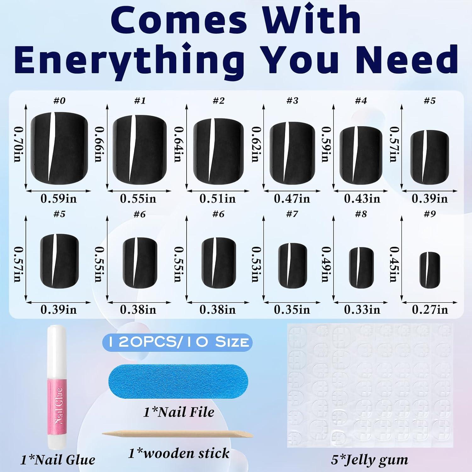 120 Uñas Postizas Cortas Negras Bellelfin con Adhesivo