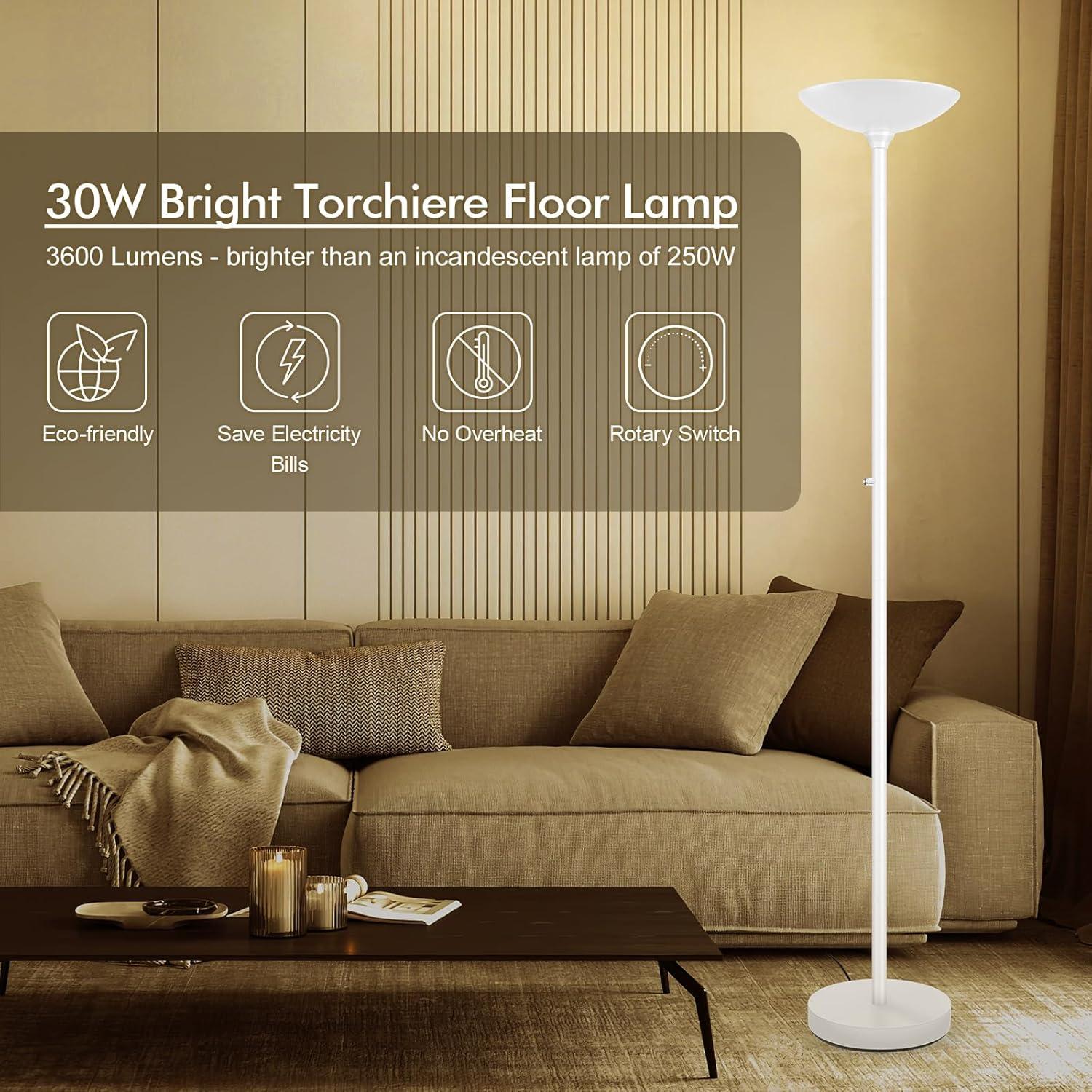 Lámpara de Pie LED Torchiere AUQUEE 30W 3600LM Blanca 71"