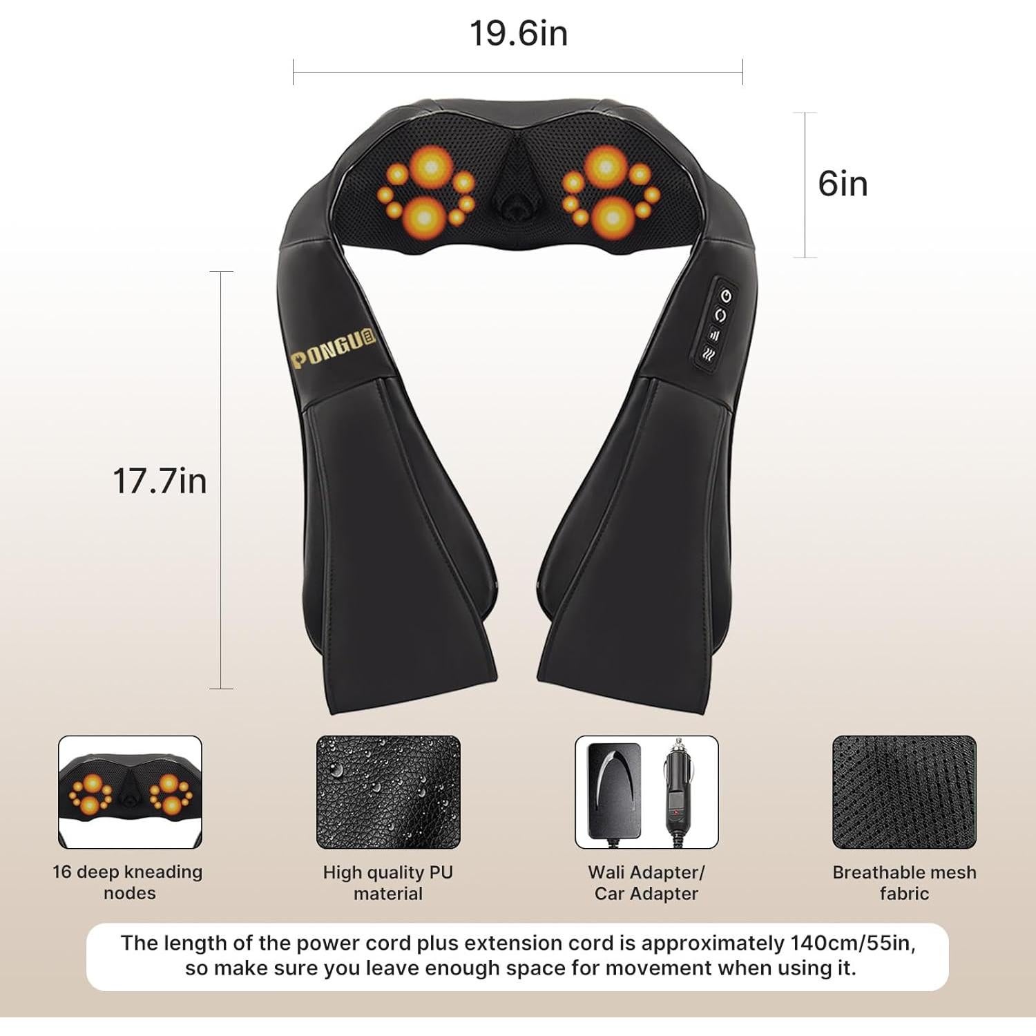 Masajeador de Espalda y Cuello PONGUI con Calor Shiatsu 16 Cabezas