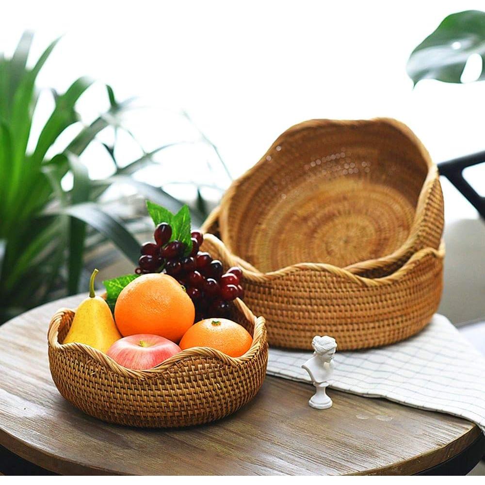 Cesta de Ratan Hecha a Mano Amololo 22 cm Redonda Decorativa