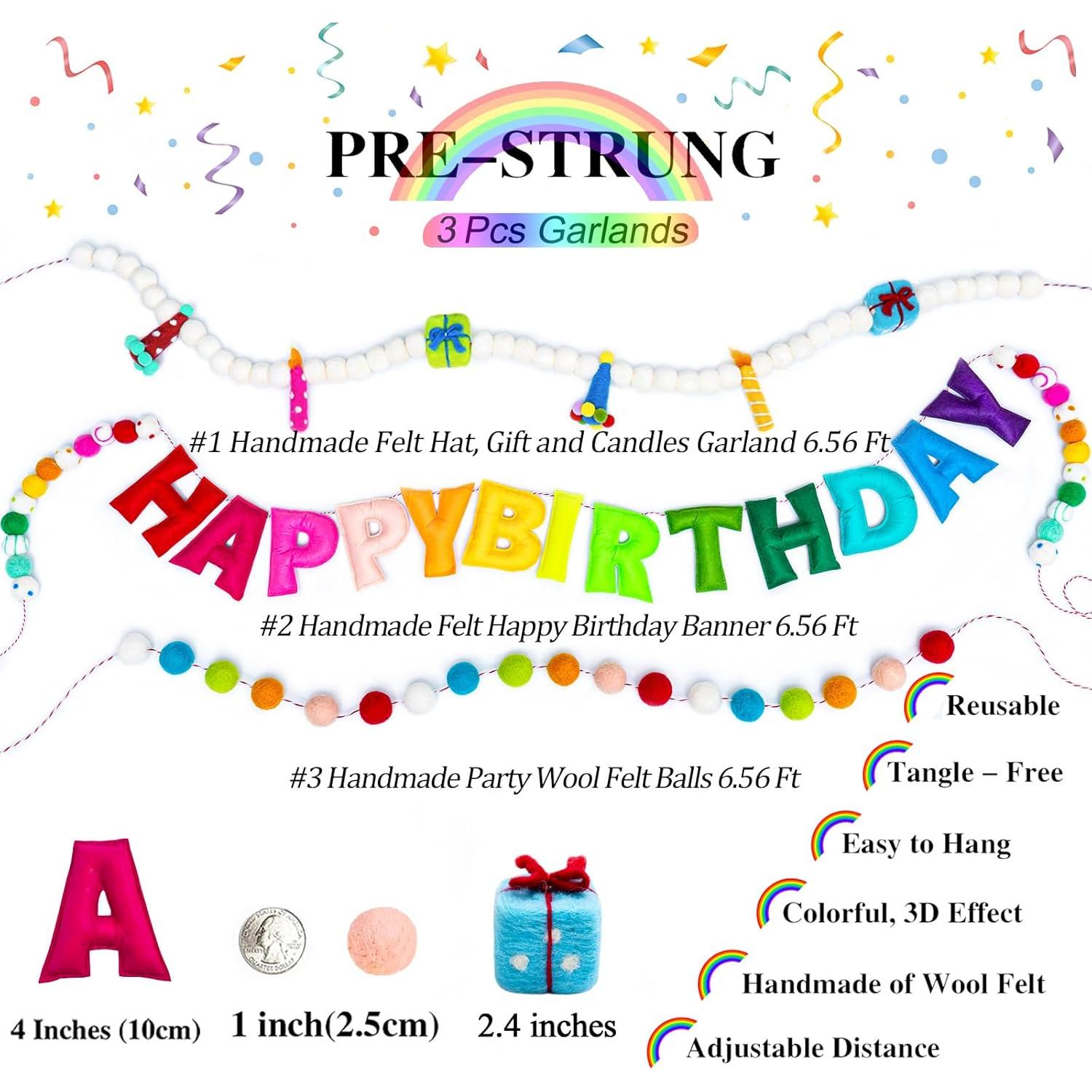 Guirnalda de Cumpleaños Reutilizable Meygajoe - 3 Piezas Arcoíris