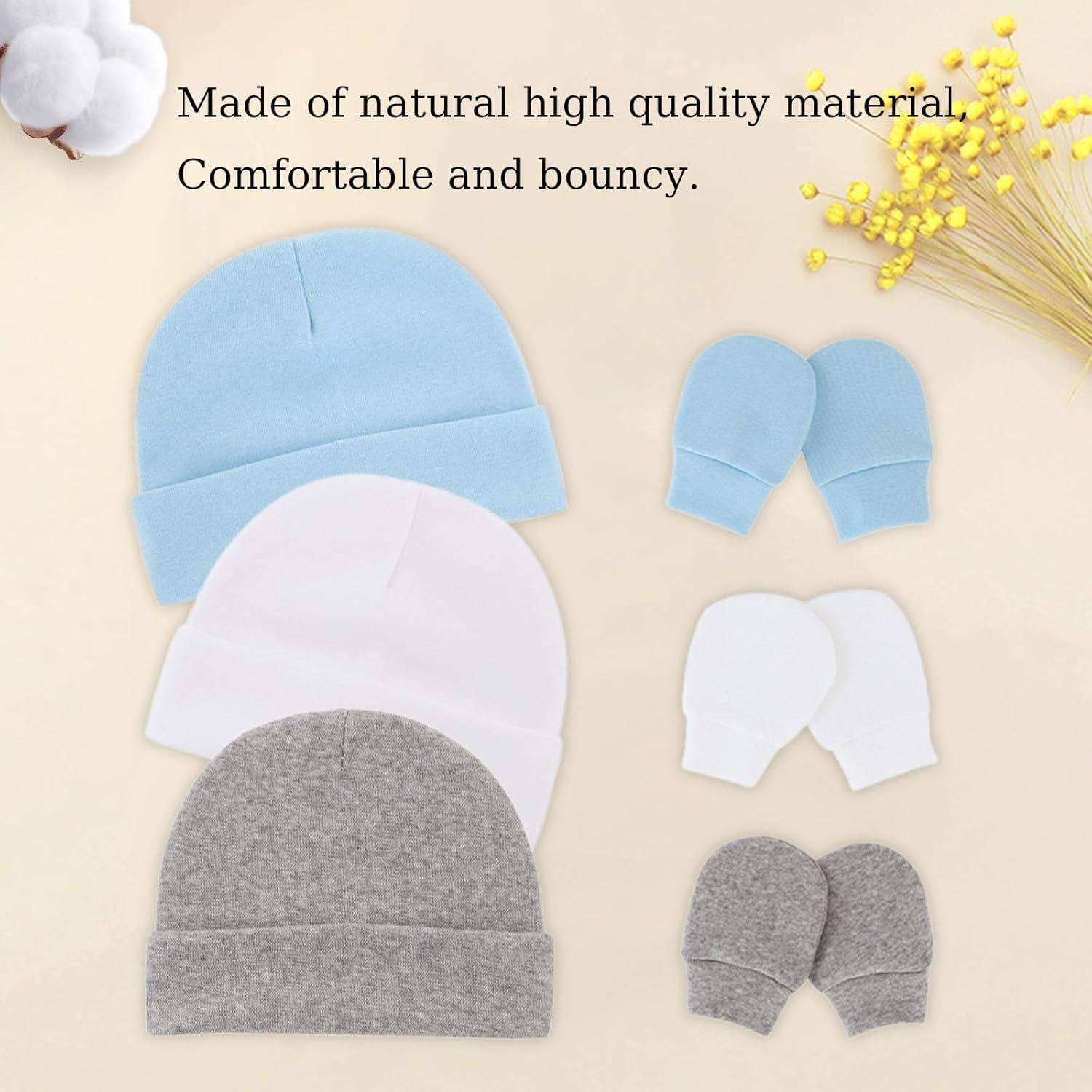 Conjunto Gorro y Manoplas Bebé Algodón Suave Azul 0-6 Meses