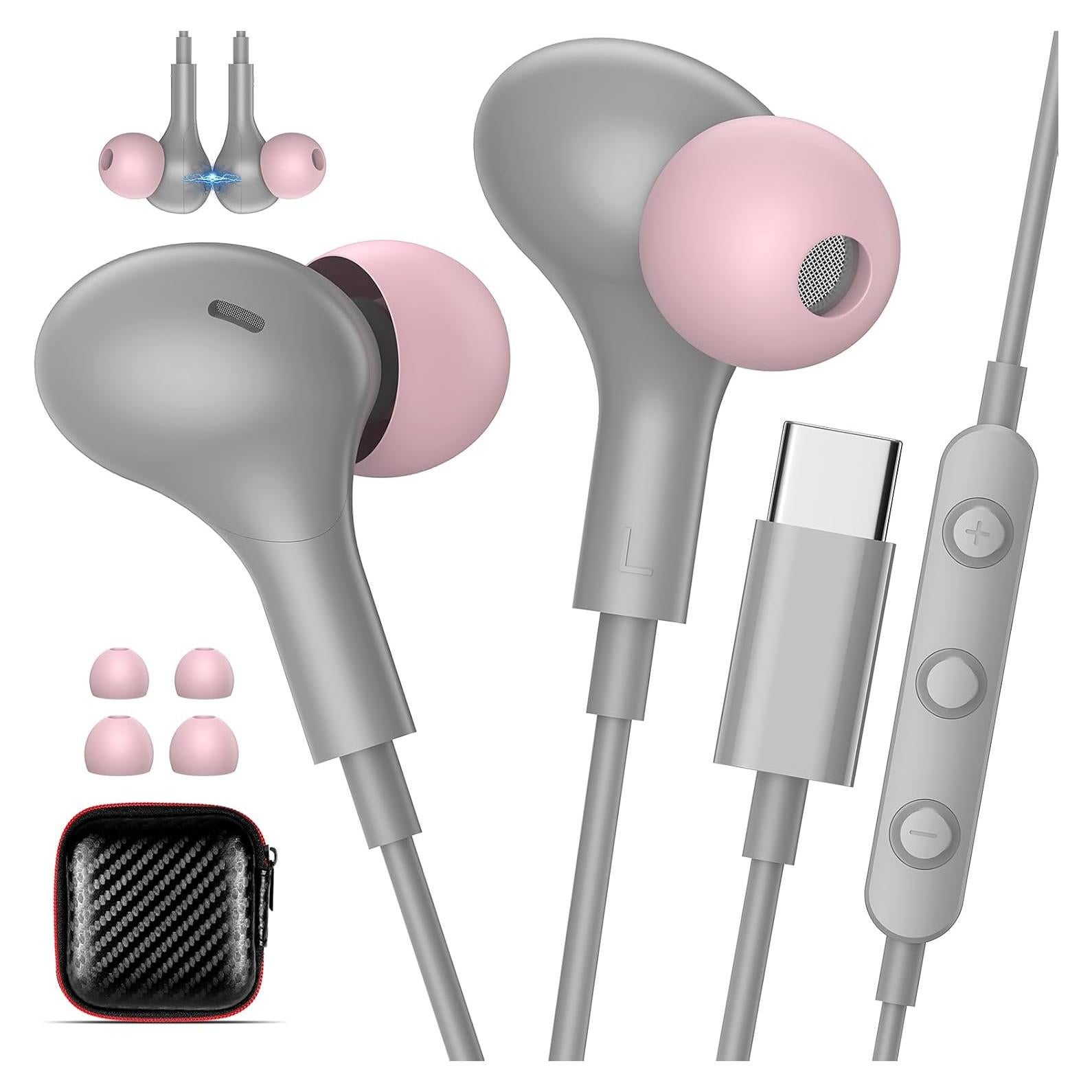 Auriculares USB C con micrófono TOPAUX Gris Rosa - Intrauditivos