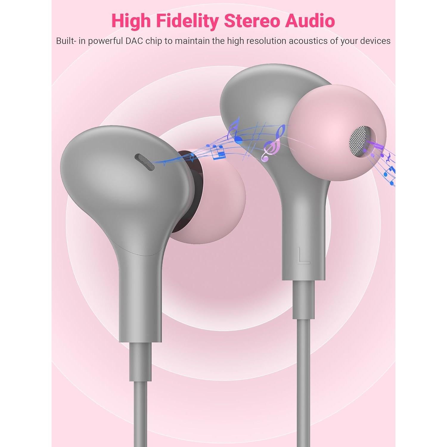 Auriculares USB C con micrófono TOPAUX Gris Rosa - Intrauditivos