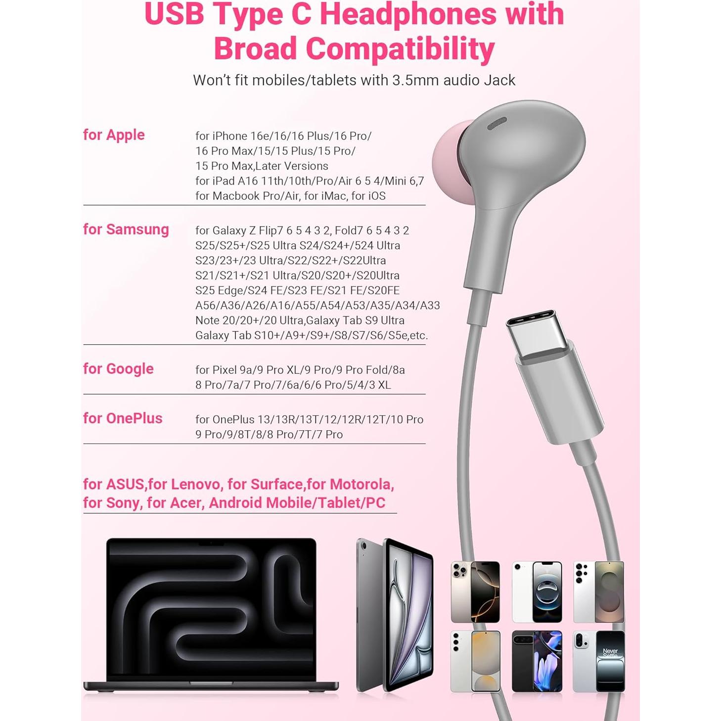 Auriculares USB C con micrófono TOPAUX Gris Rosa - Intrauditivos