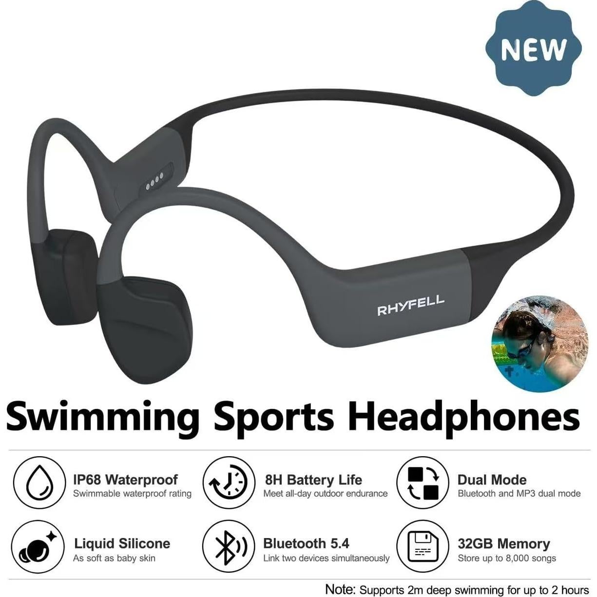 Auriculares Rhyfell Swim 5 Conducción Ósea 32GB IP68 Bluetooth 5.4