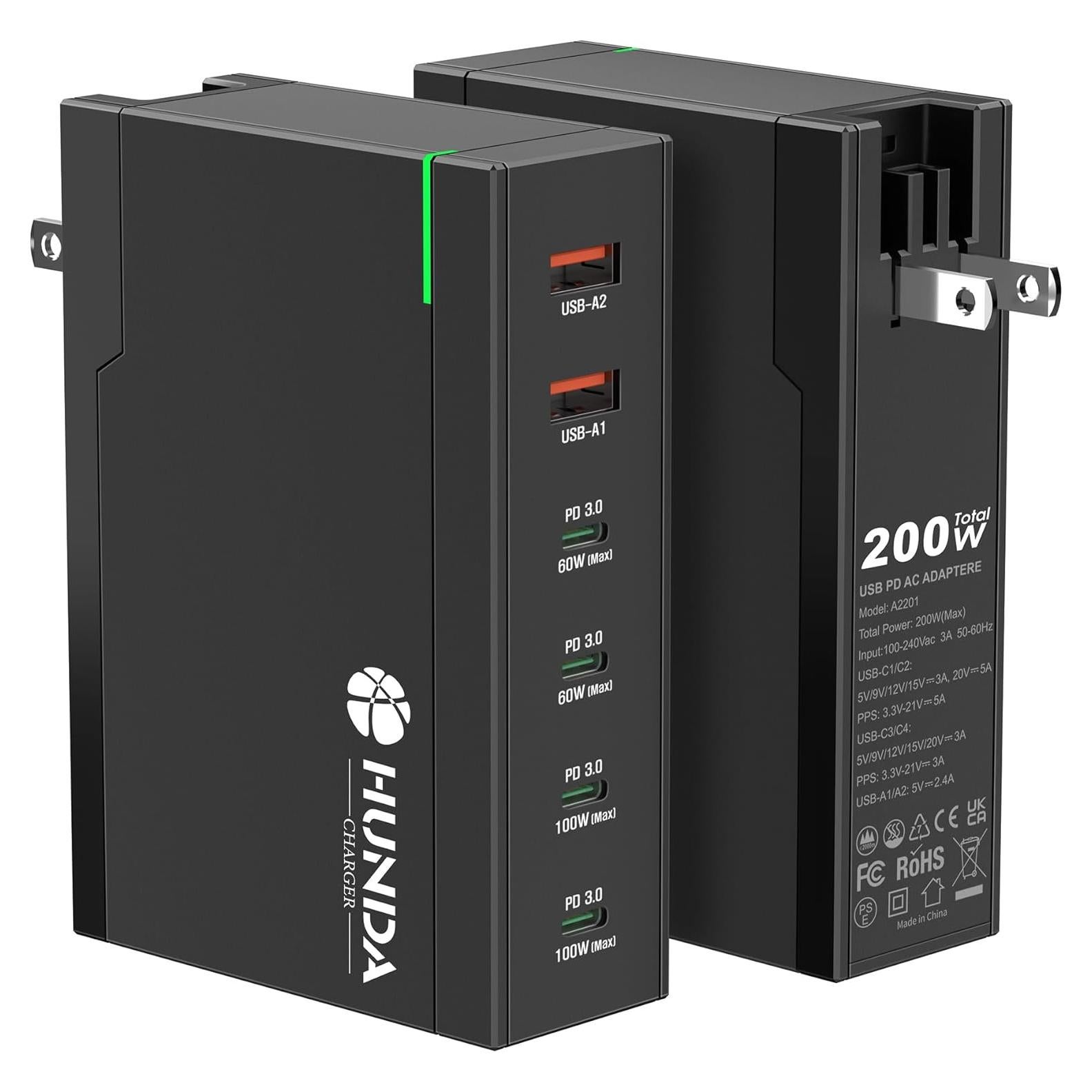 Cargador HUNDA 200W USB C 6 Puertos Rápido PD 100W