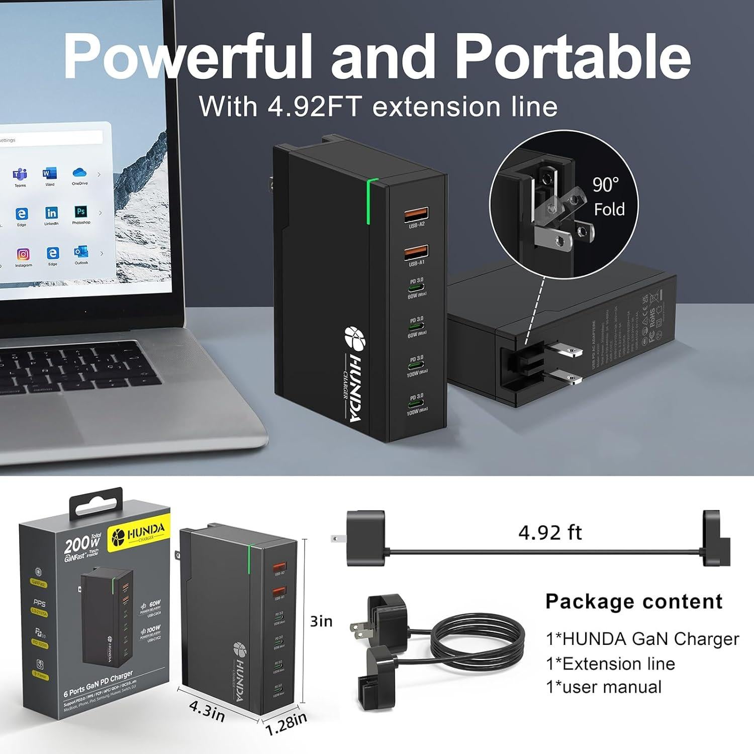 Cargador HUNDA 200W USB C 6 Puertos Rápido PD 100W