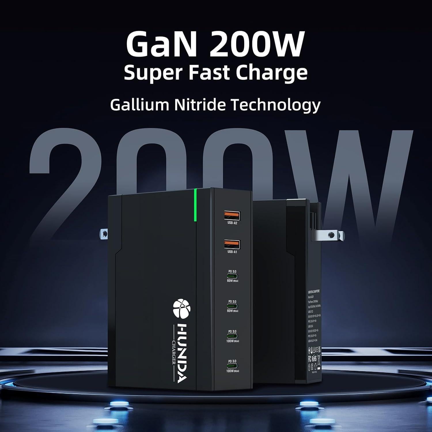 Cargador HUNDA 200W USB C 6 Puertos Rápido PD 100W