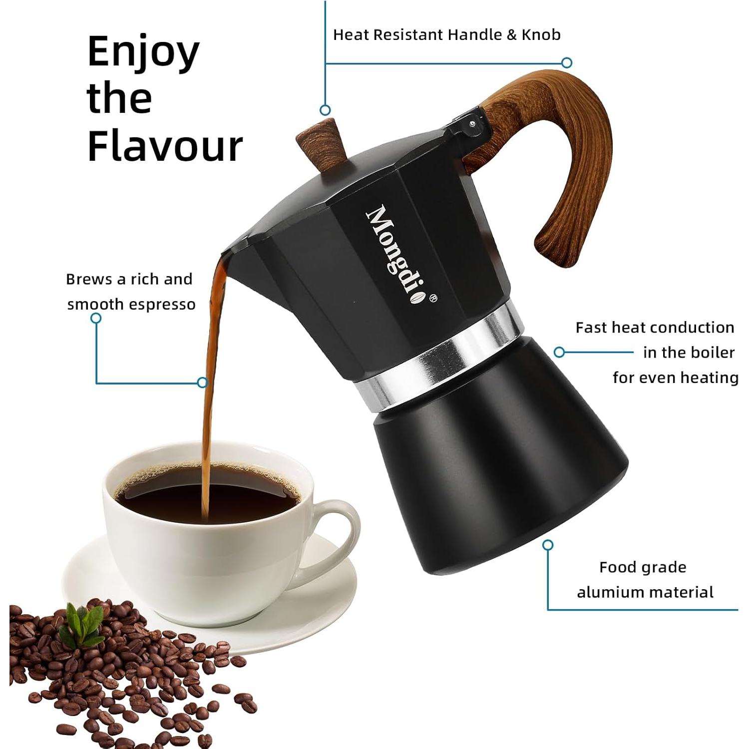 Cafetera Moka Mongdio 3 Tazas Manual Aluminio Negro