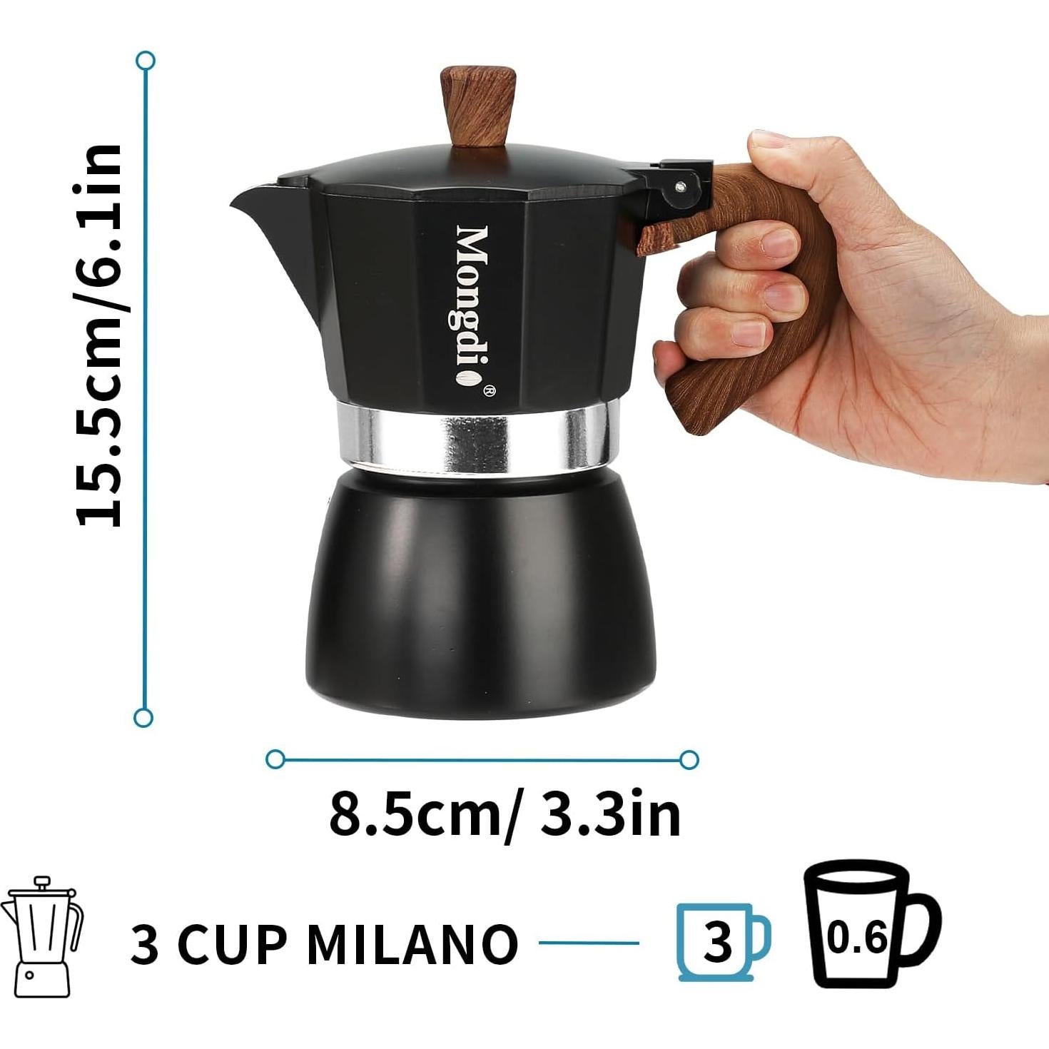 Cafetera Moka Mongdio 3 Tazas Manual Aluminio Negro