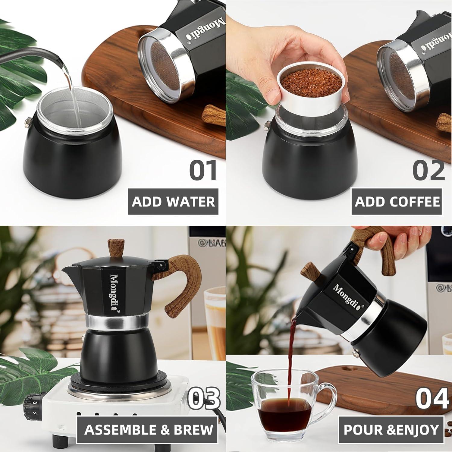 Cafetera Moka Mongdio 3 Tazas Manual Aluminio Negro