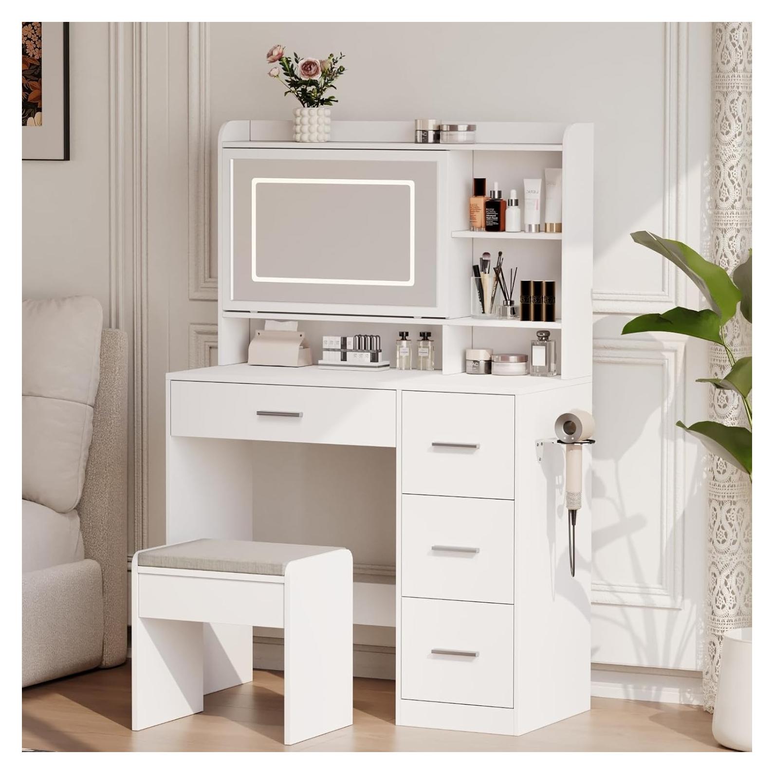 Escritorio de Tocador Blanco Viaozutis con Espejo LED y Cajones