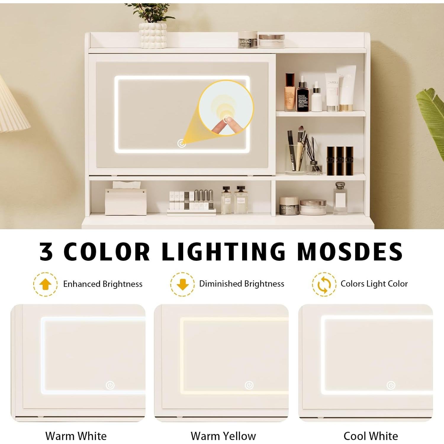 Escritorio de Tocador Blanco Viaozutis con Espejo LED y Cajones