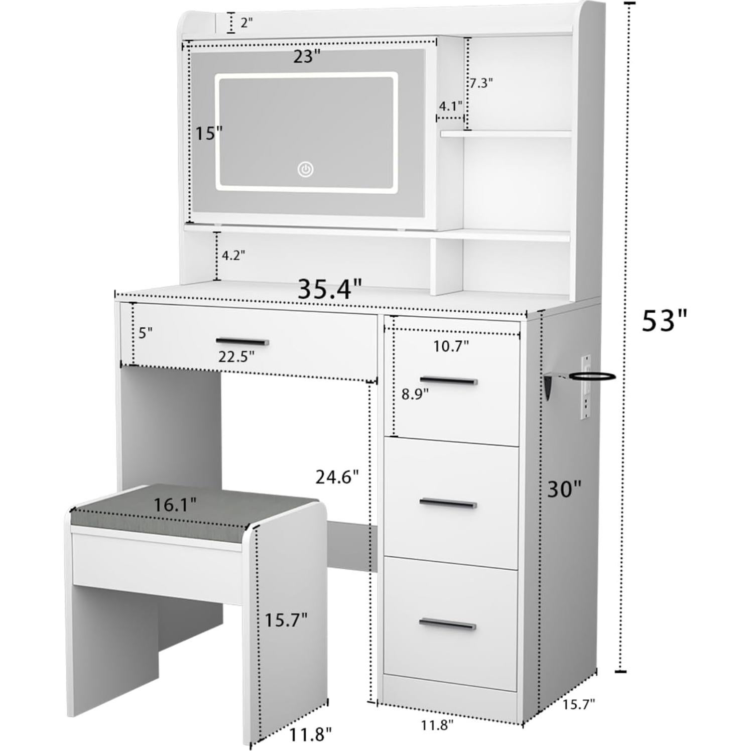Escritorio de Tocador Blanco Viaozutis con Espejo LED y Cajones