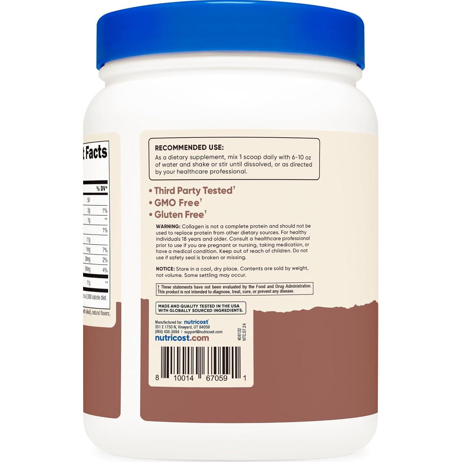 Polvo de Colágeno Hidrolizado Nutricost 454g Sabor Chocolate