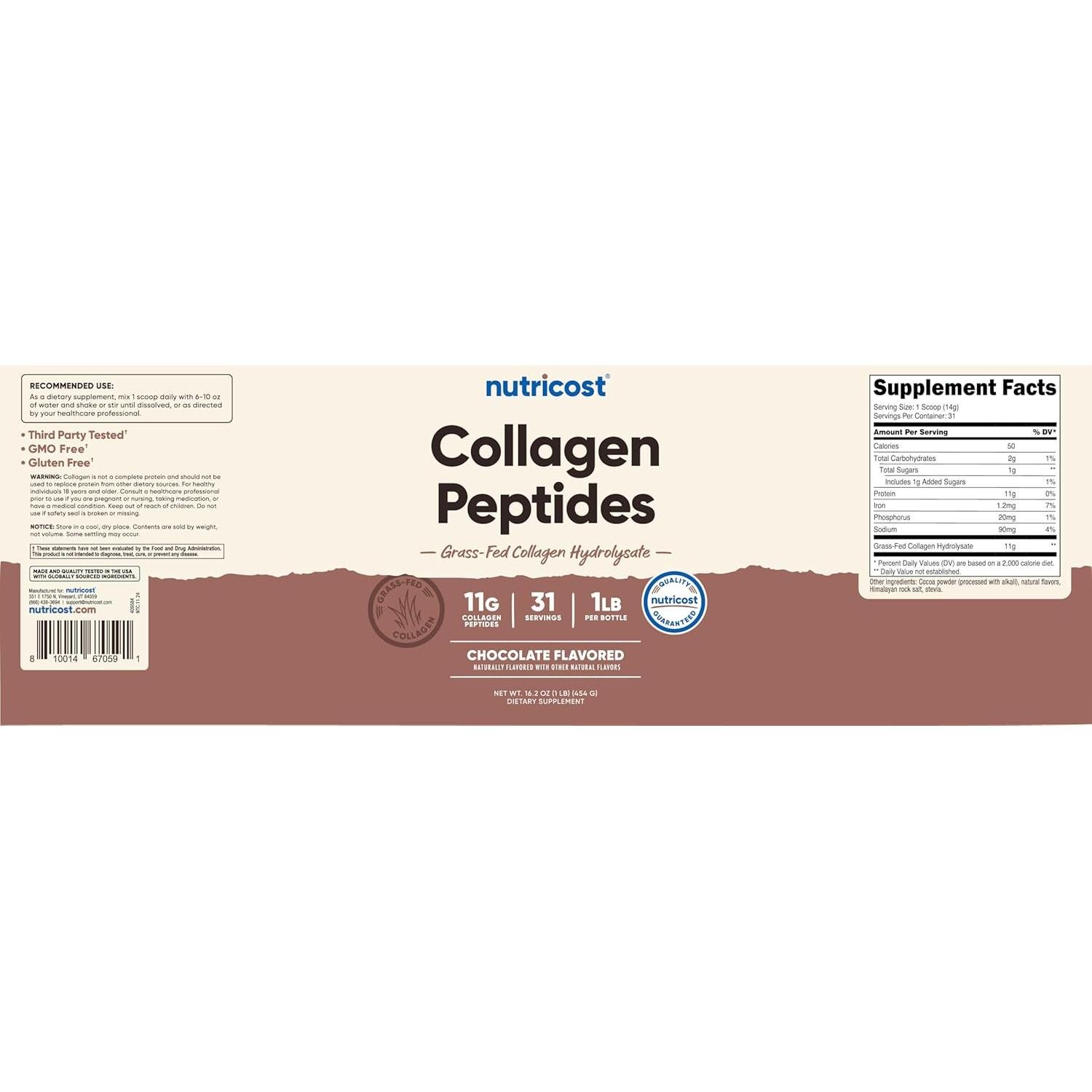 Polvo de Colágeno Hidrolizado Nutricost 454g Sabor Chocolate