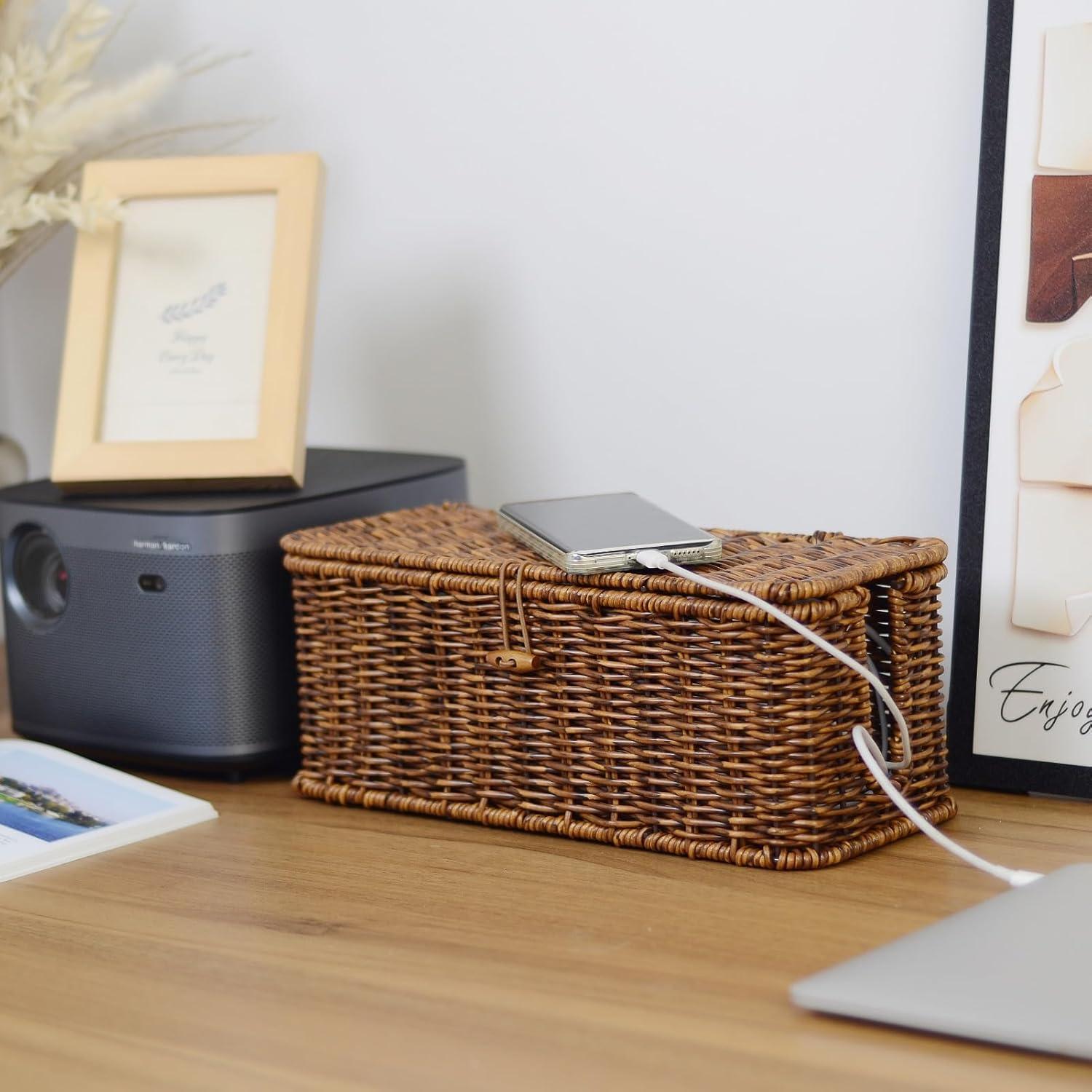 Caja de Gestión de Cables Brownlily Madera Ratan 33x13 cm